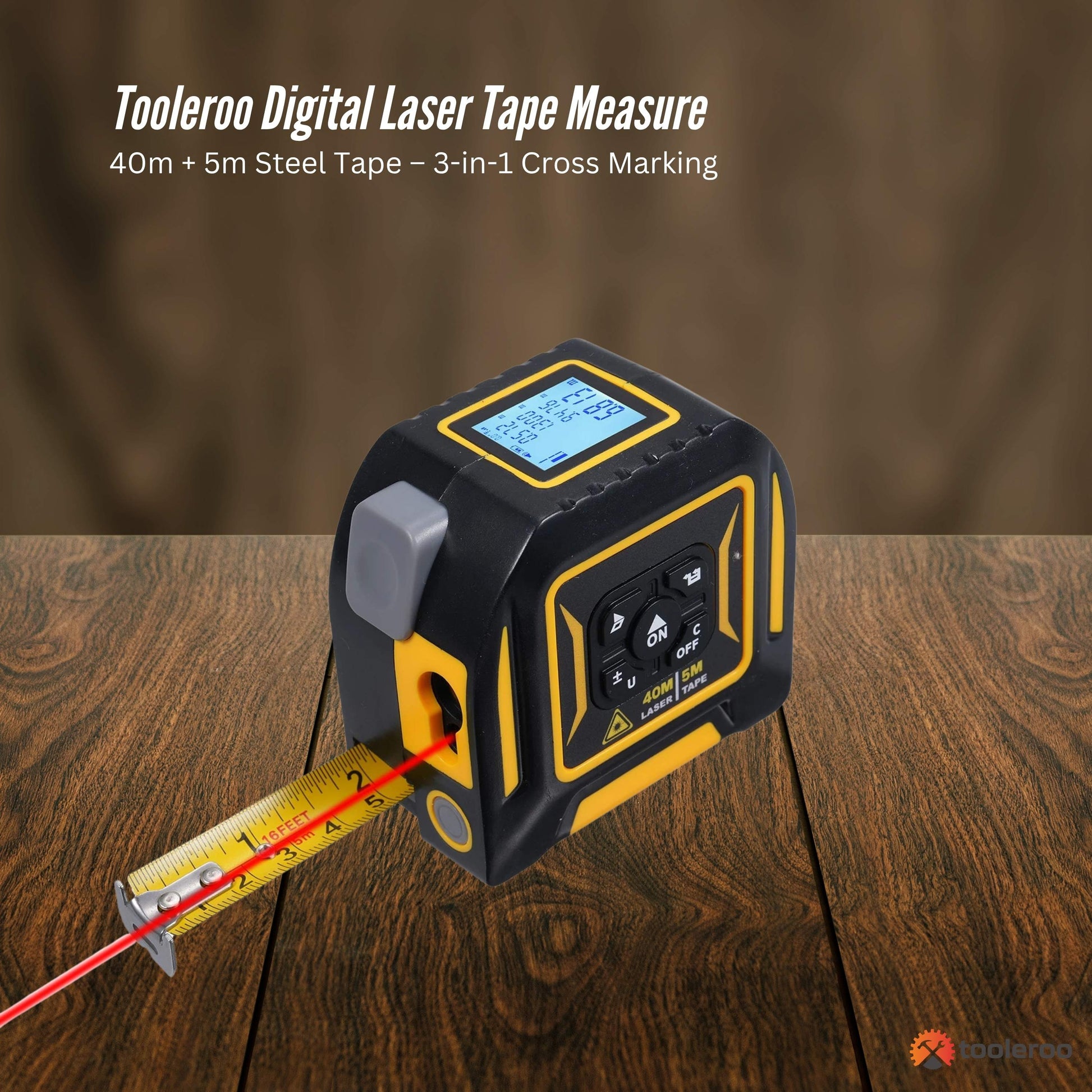 Tooleroo 40m Digital Laser Tape Measure + 5m Steel Tape – 3-in-1 Cross Marking - Image 3