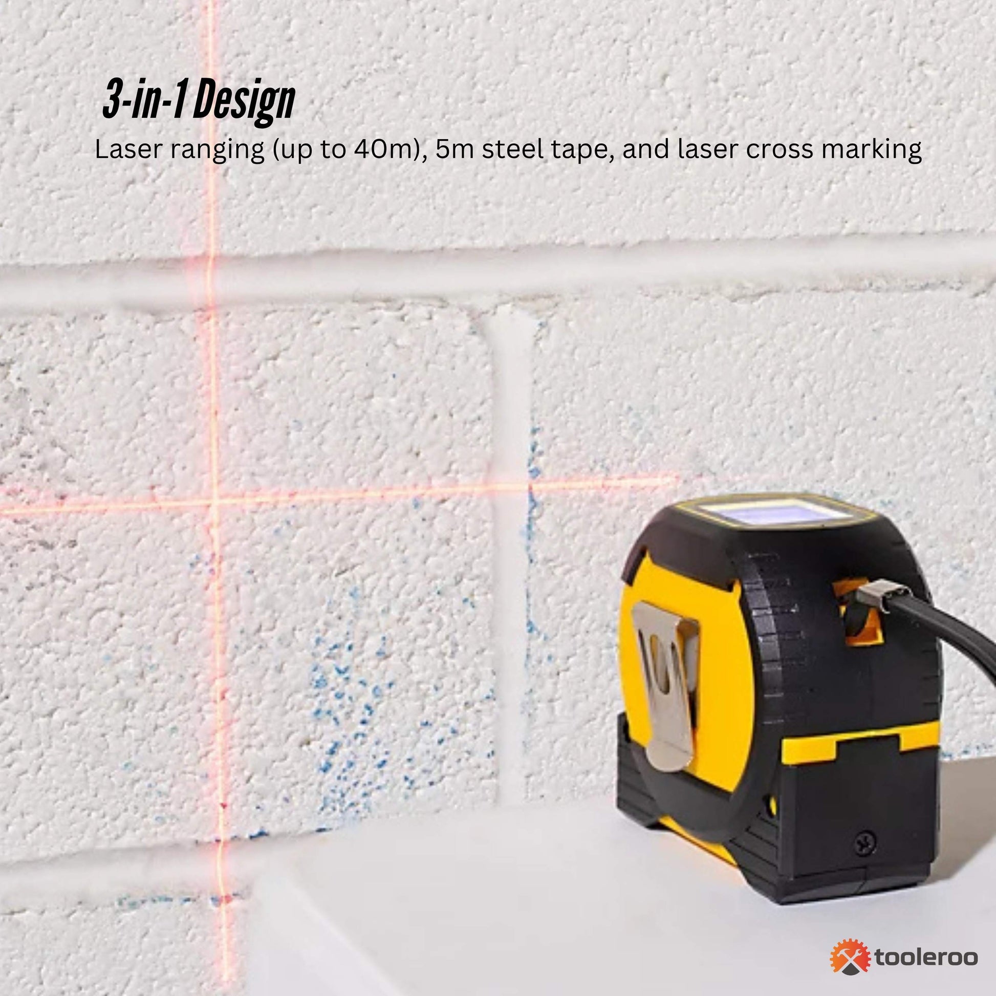 Tooleroo 40m Digital Laser Tape Measure + 5m Steel Tape – 3-in-1 Cross Marking - Image 4