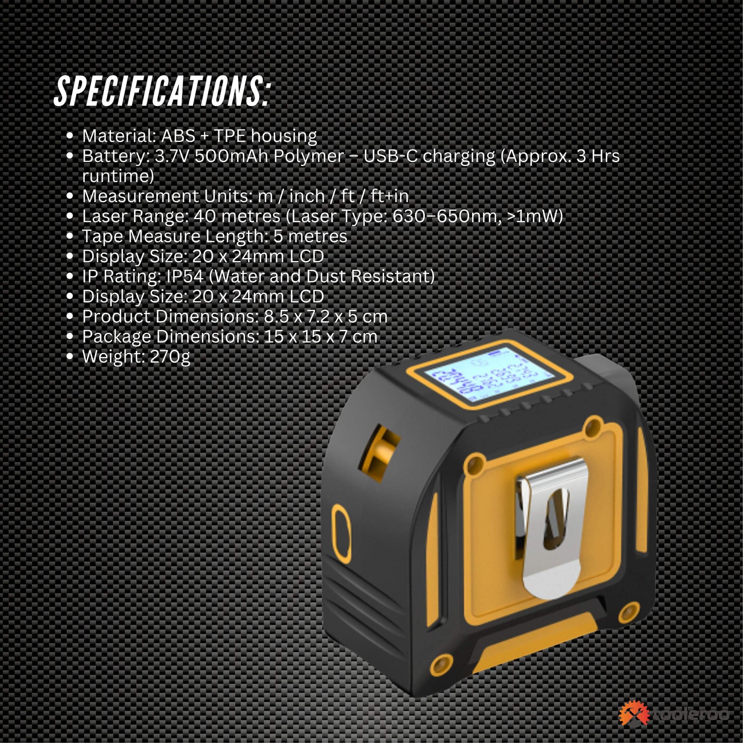 Tooleroo 40m Digital Laser Tape Measure + 5m Steel Tape – 3-in-1 Cross Marking - Image 9