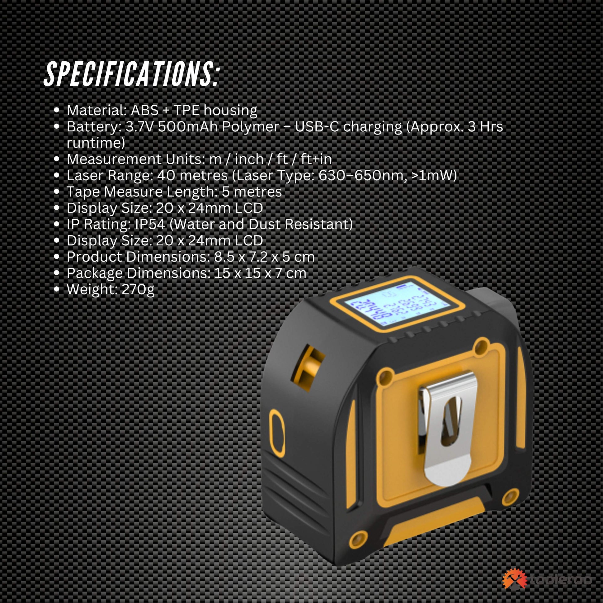 Tooleroo 40m Digital Laser Tape Measure + 5m Steel Tape – 3-in-1 Cross Marking - Image 9