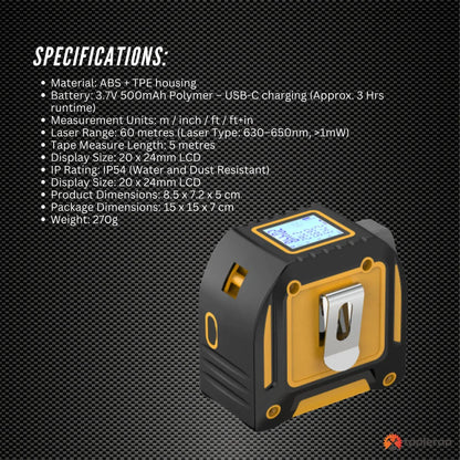 Tooleroo 60m Digital Laser Tape Measure 5m Steel Tape 3-in-1 Measuring Tool - Image 9
