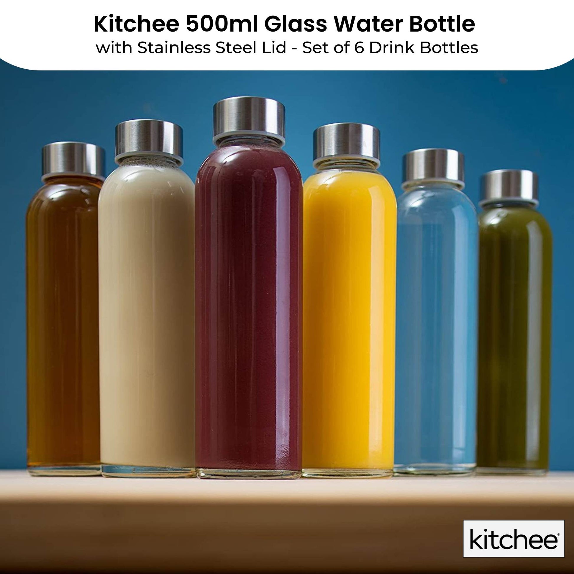 Kitchee 500ml Glass Water Bottle with Stainless Steel Lid - Set of 6 Drink Bottles - Image 2