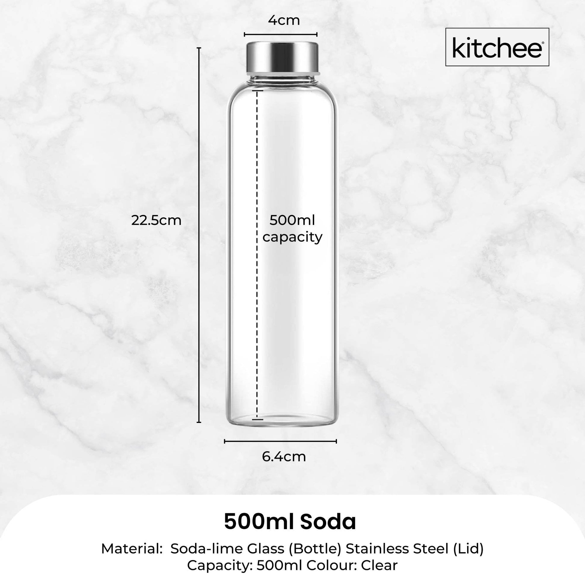 Kitchee 500ml Glass Water Bottle with Stainless Steel Lid - Set of 6 Drink Bottles - Image 6