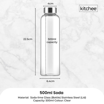 Kitchee 500ml Glass Water Bottle with Stainless Steel Lid - Set of 6 Drink Bottles - Image 6