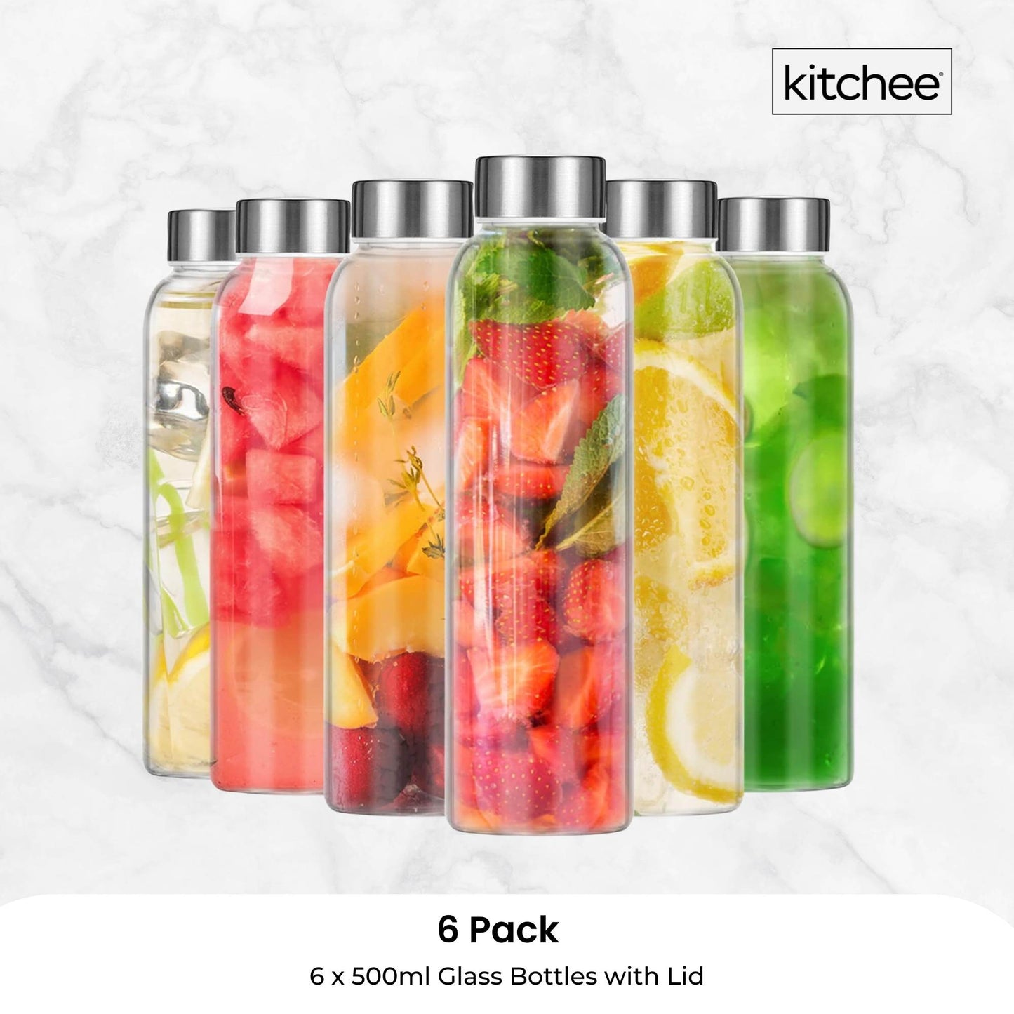 Kitchee 500ml Glass Water Bottle with Stainless Steel Lid - Set of 6 Drink Bottles - Image 8