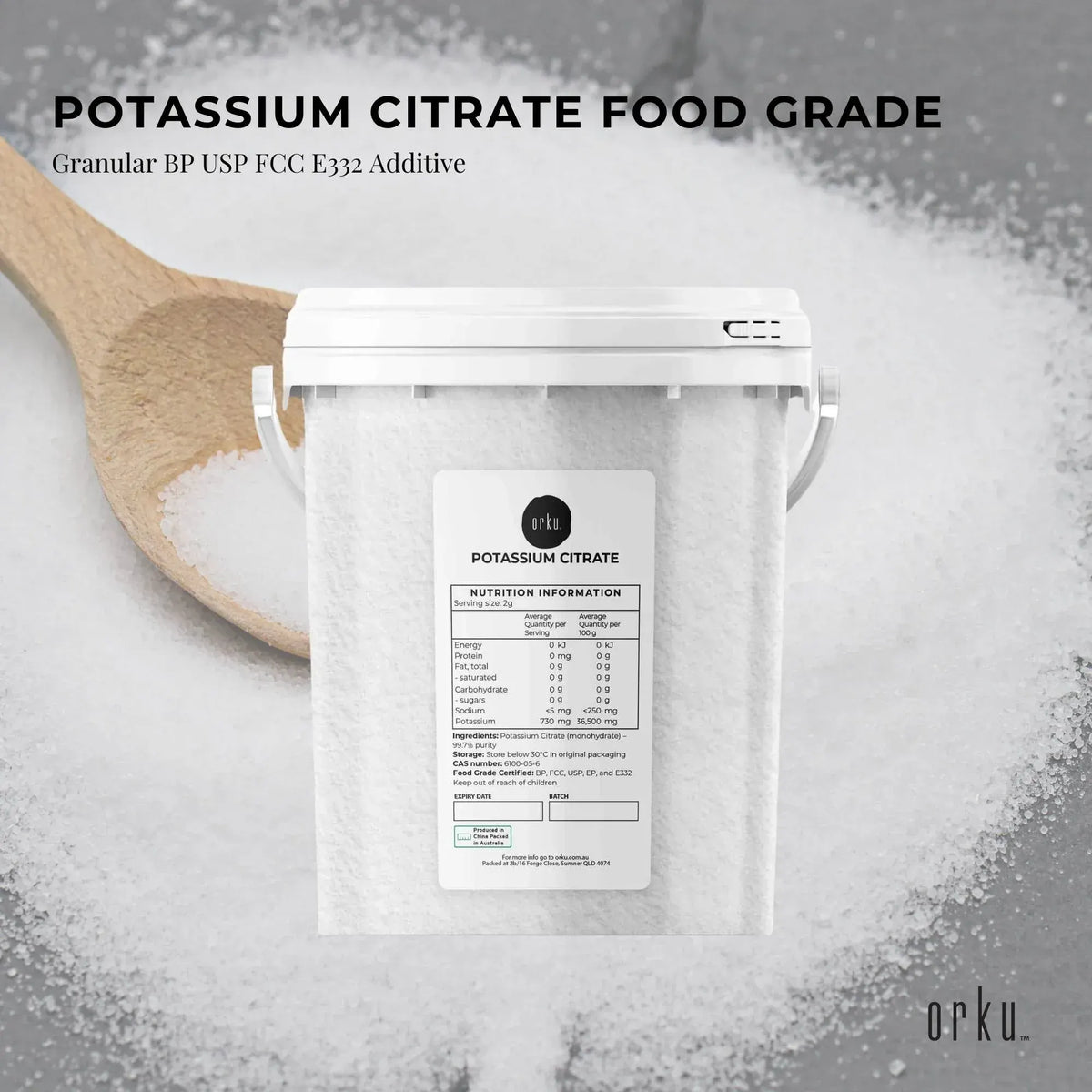Orku 1.3Kg Potassium Citrate Food Grade Tub - Granular BP USP FCC E332 Additive - Image 2