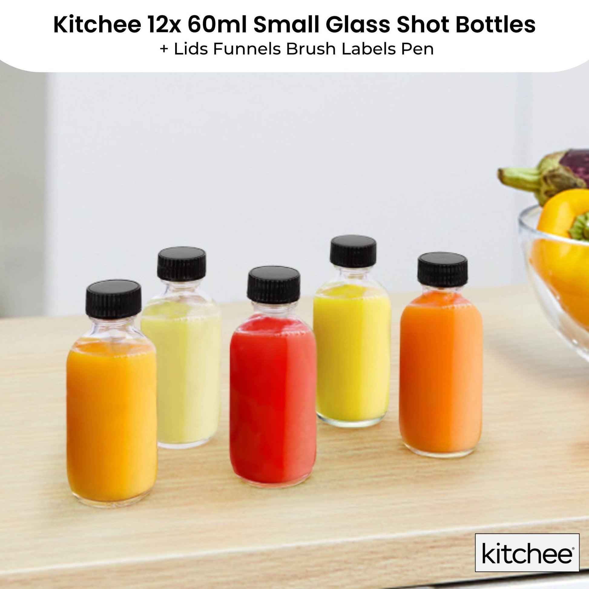 Kitchee 12x 60ml Small Glass Bottles + Lids Funnels Brush Labels Pen - Image 2
