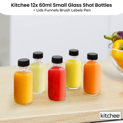 Kitchee 12x 60ml Small Glass Bottles + Lids Funnels Brush Labels Pen - Image 2