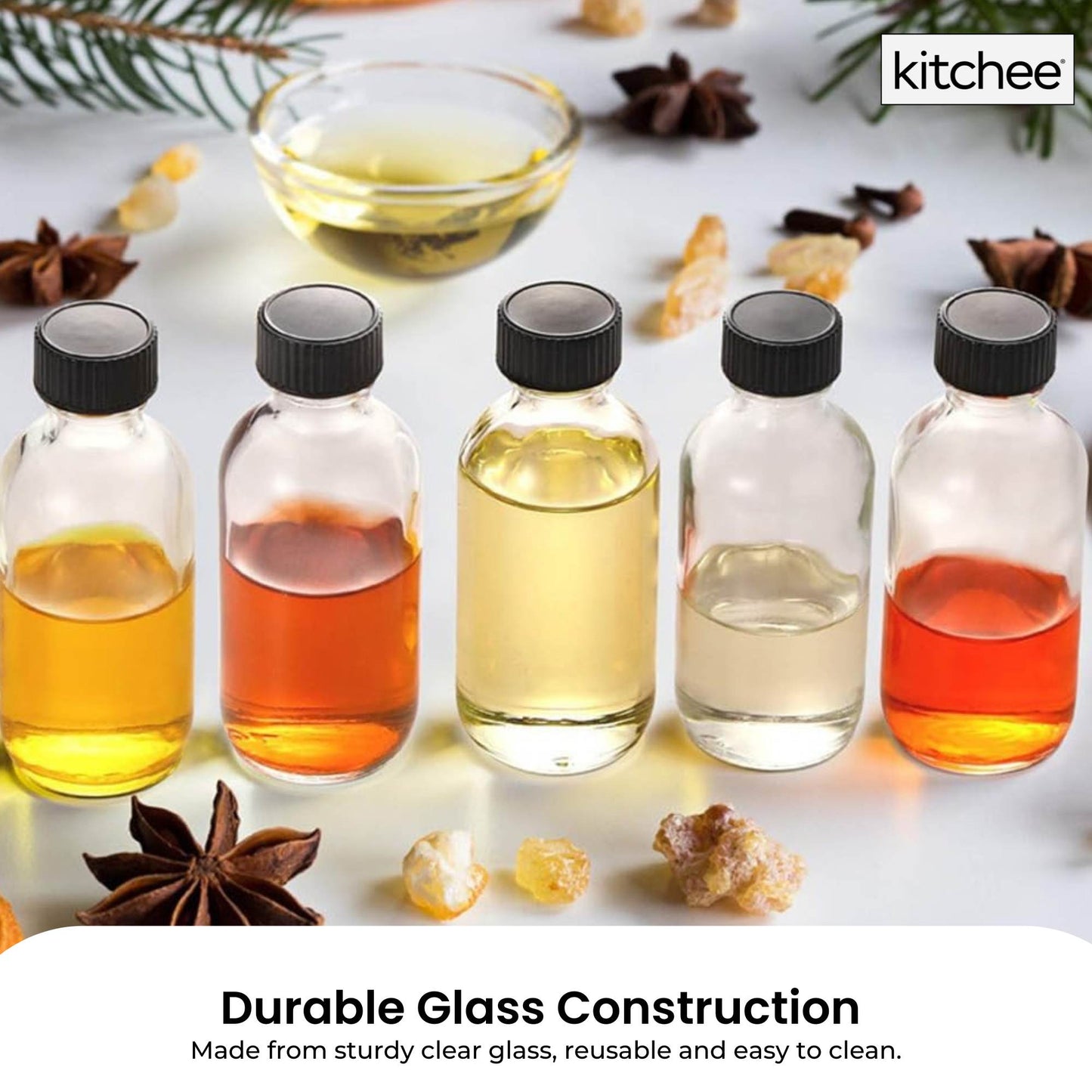 Kitchee 12x 60ml Small Glass Bottles + Lids Funnels Brush Labels Pen - Image 3