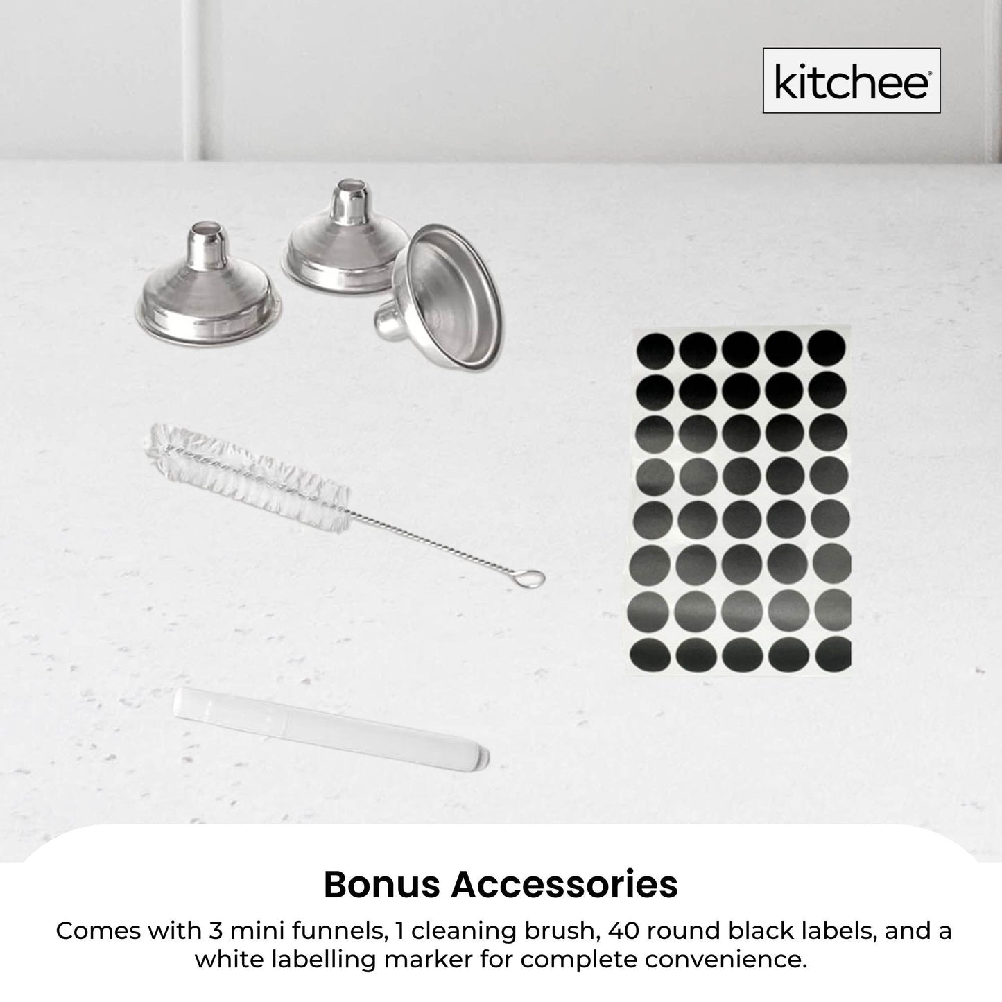 Kitchee 12x 60ml Small Glass Bottles + Lids Funnels Brush Labels Pen - Image 5