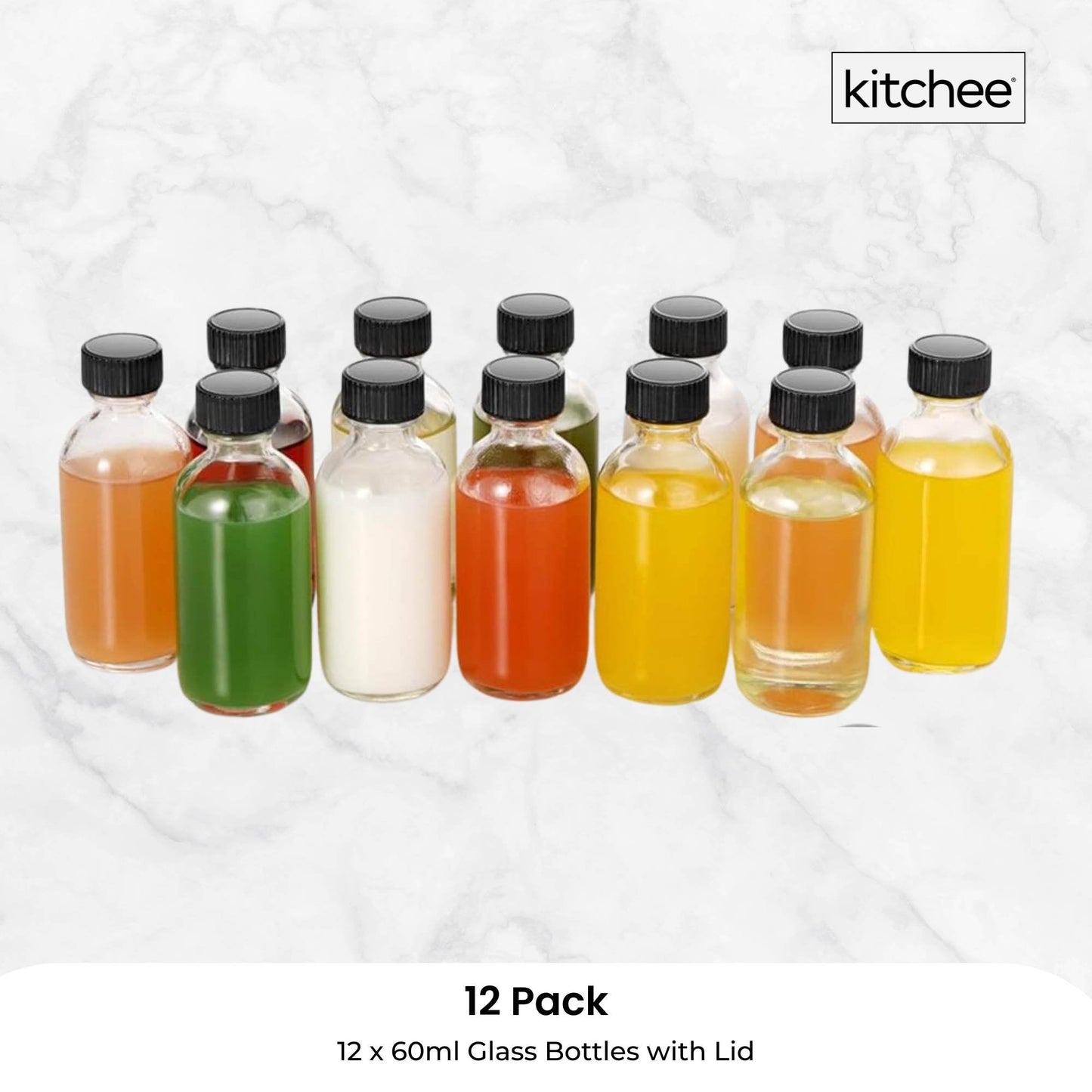 Kitchee 12x 60ml Small Glass Bottles + Lids Funnels Brush Labels Pen - Image 8