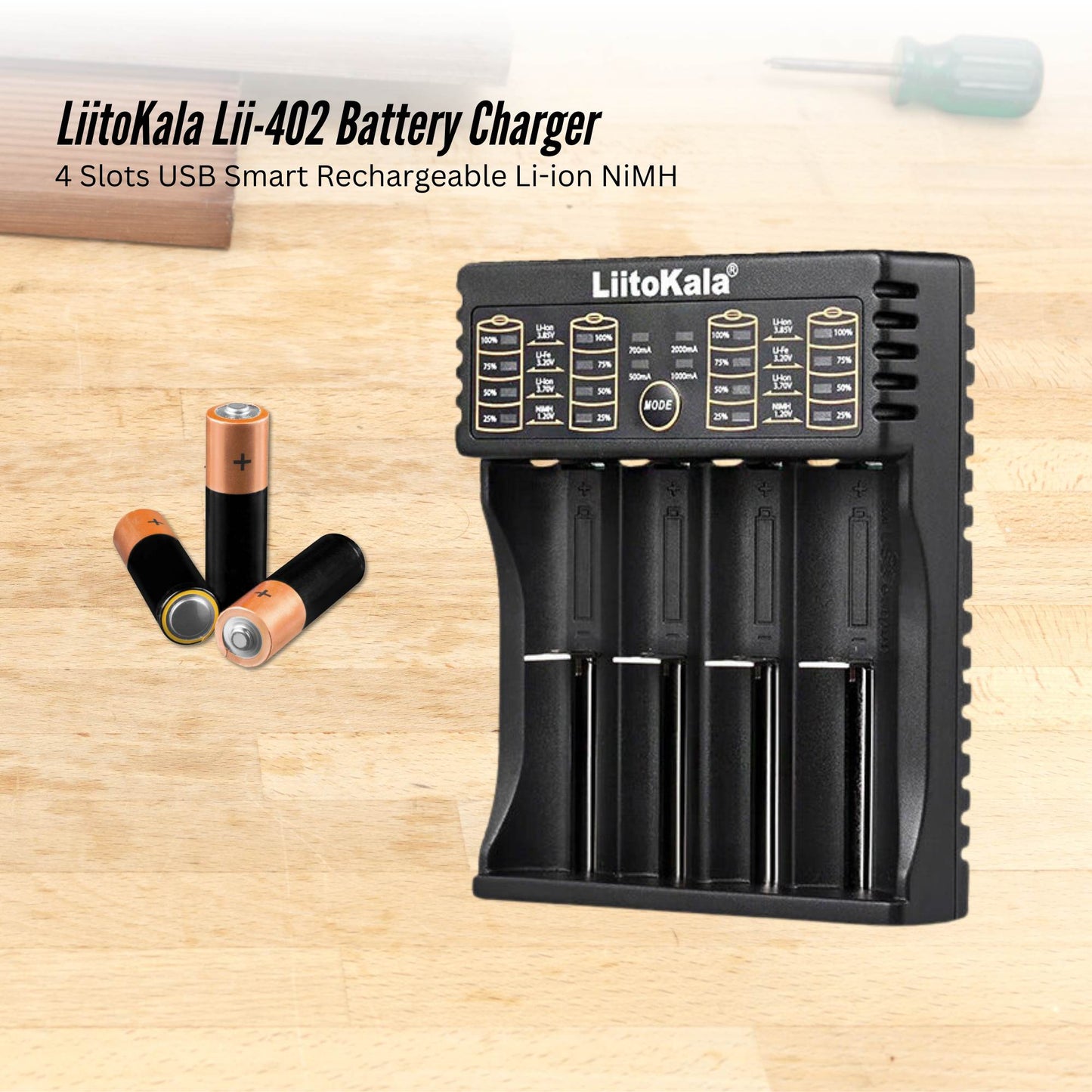 LiitoKala Lii-402 Smart Battery Charger - 4-Slot USB for 18650 AA AAA Li-ion NiMH - Image 2
