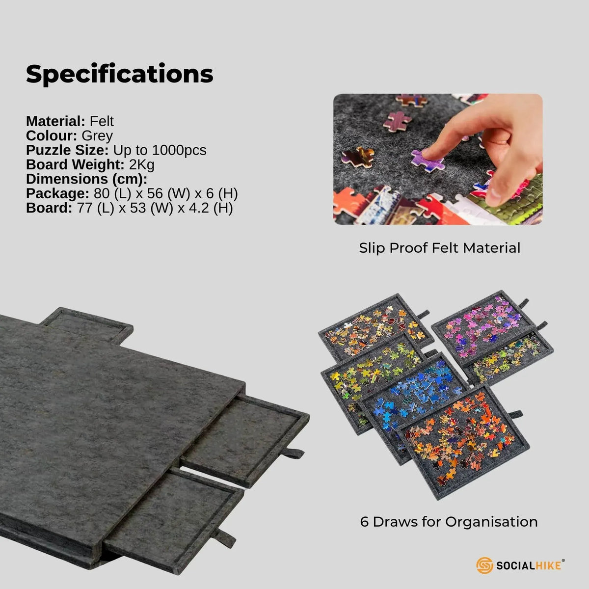 Social Hike Puzzle Board 1000 pcs - Felt Tilt Portable Cover Drawers Grey - Image 8