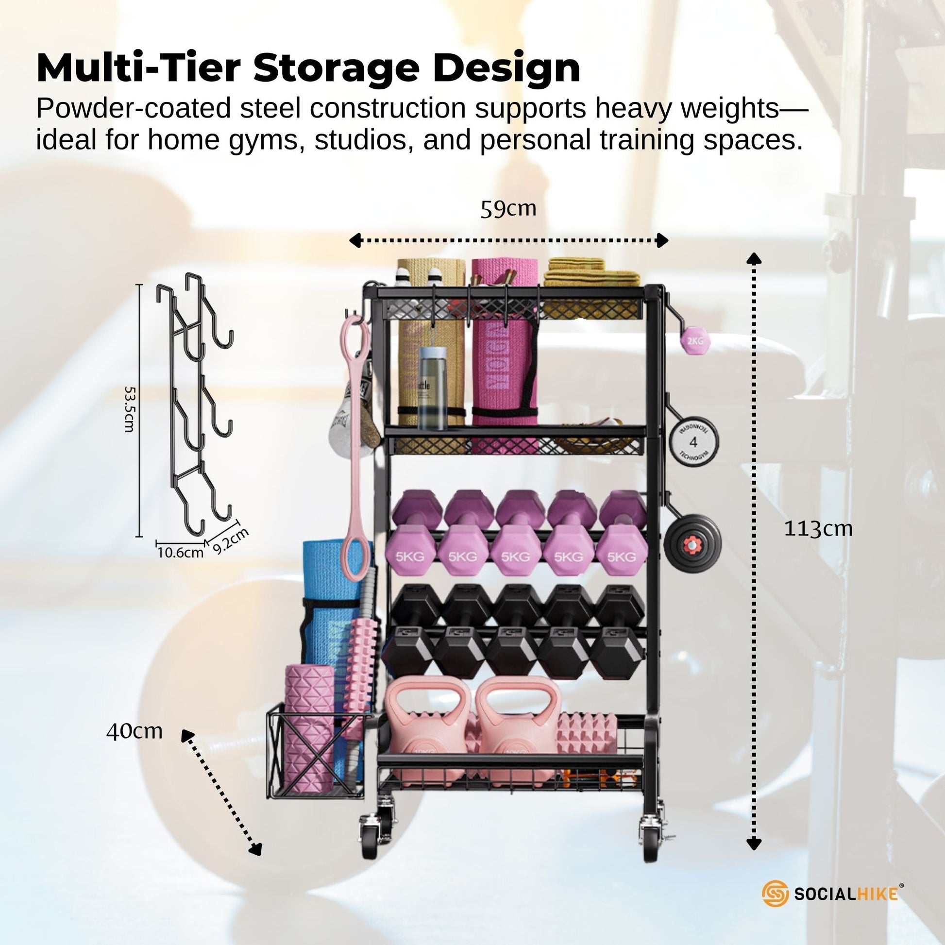 Social Hike Gym Equipment Storage Rack on Wheels - Dumbbells Weights Organiser - Image 6
