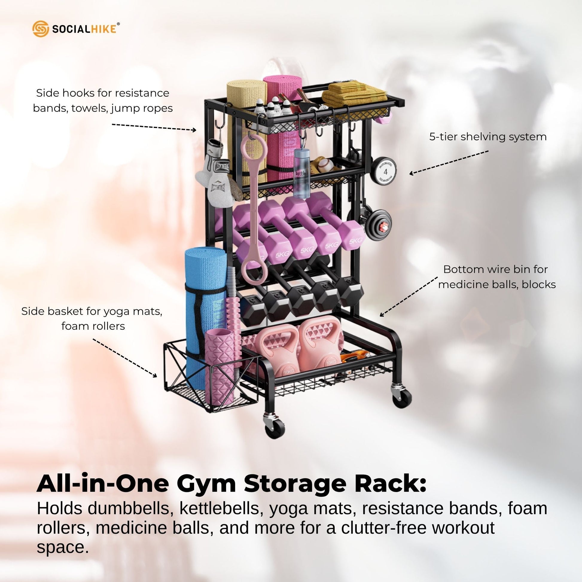 Social Hike Gym Equipment Storage Rack on Wheels - Dumbbells Weights Organiser - Image 7