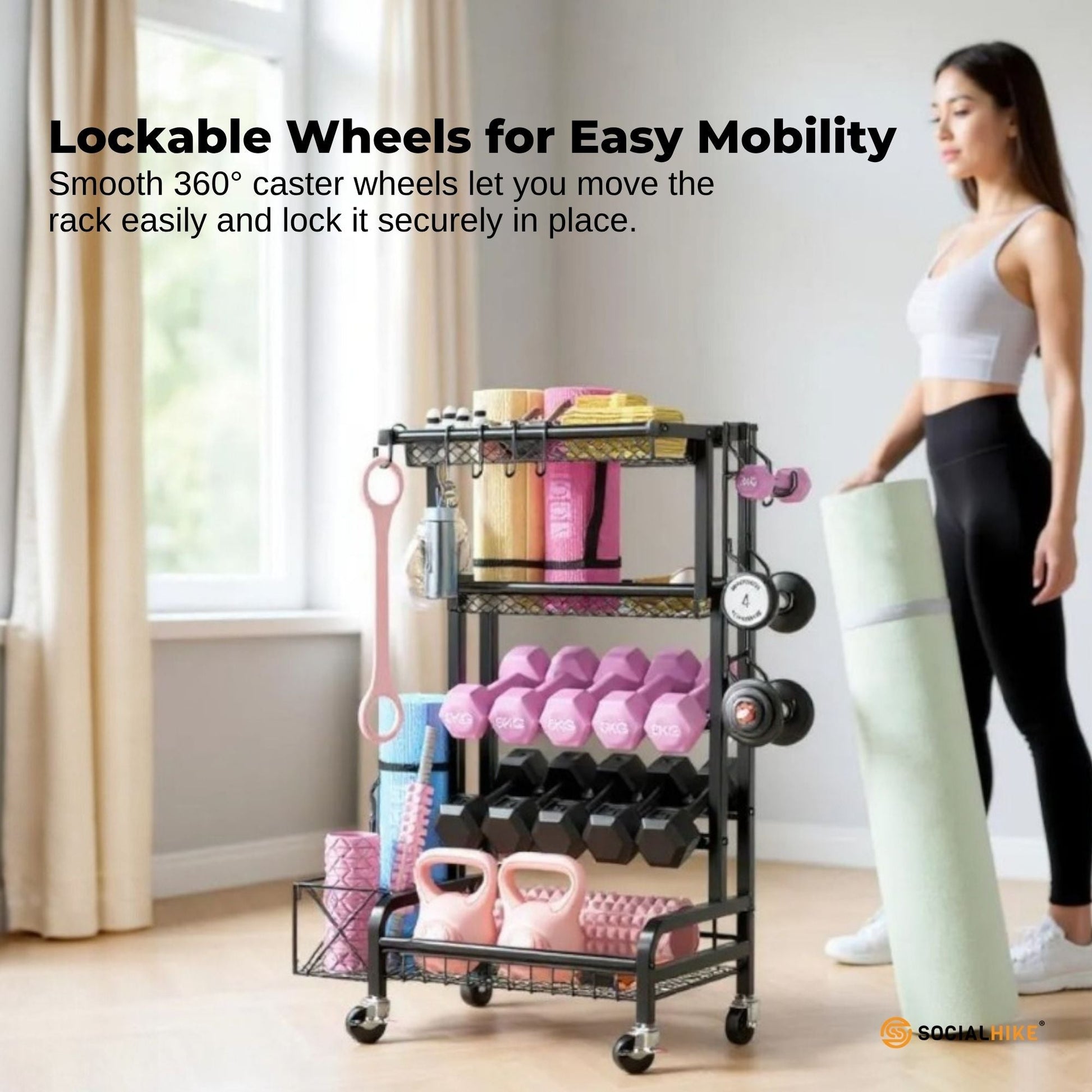 Social Hike Gym Equipment Storage Rack on Wheels - Dumbbells Weights Organiser - Image 8