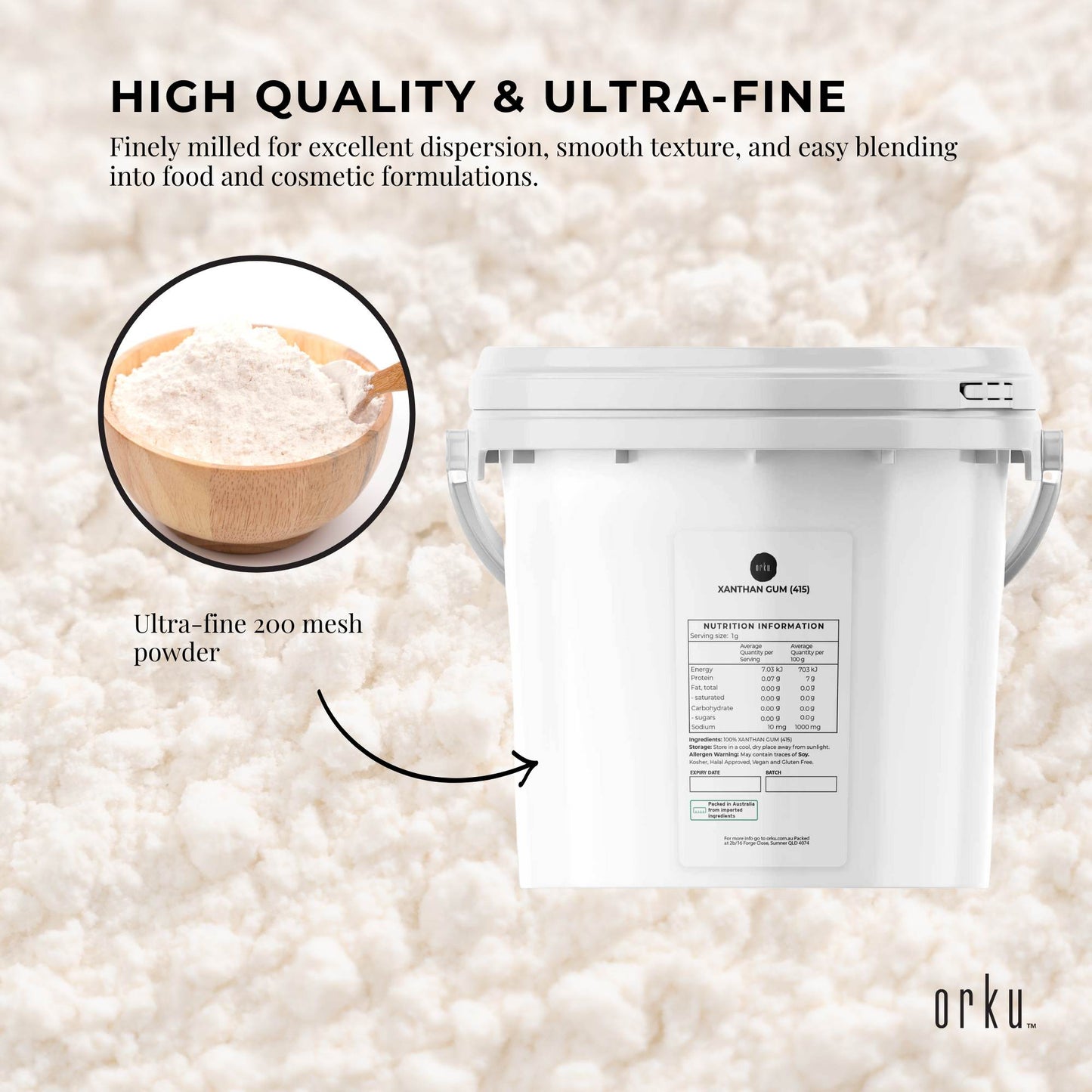 Orku 3Kg Xanthan Gum Thickener Pure Powder 200 Mesh FCC E415 Food Additive TUB - Image 4