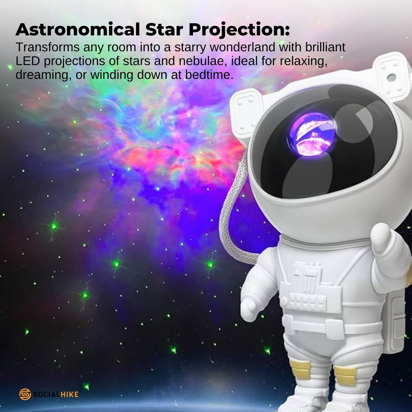 Social Hike Galaxy Star Projector - Colour LED Astronaut Night Light and Remote - Image 4