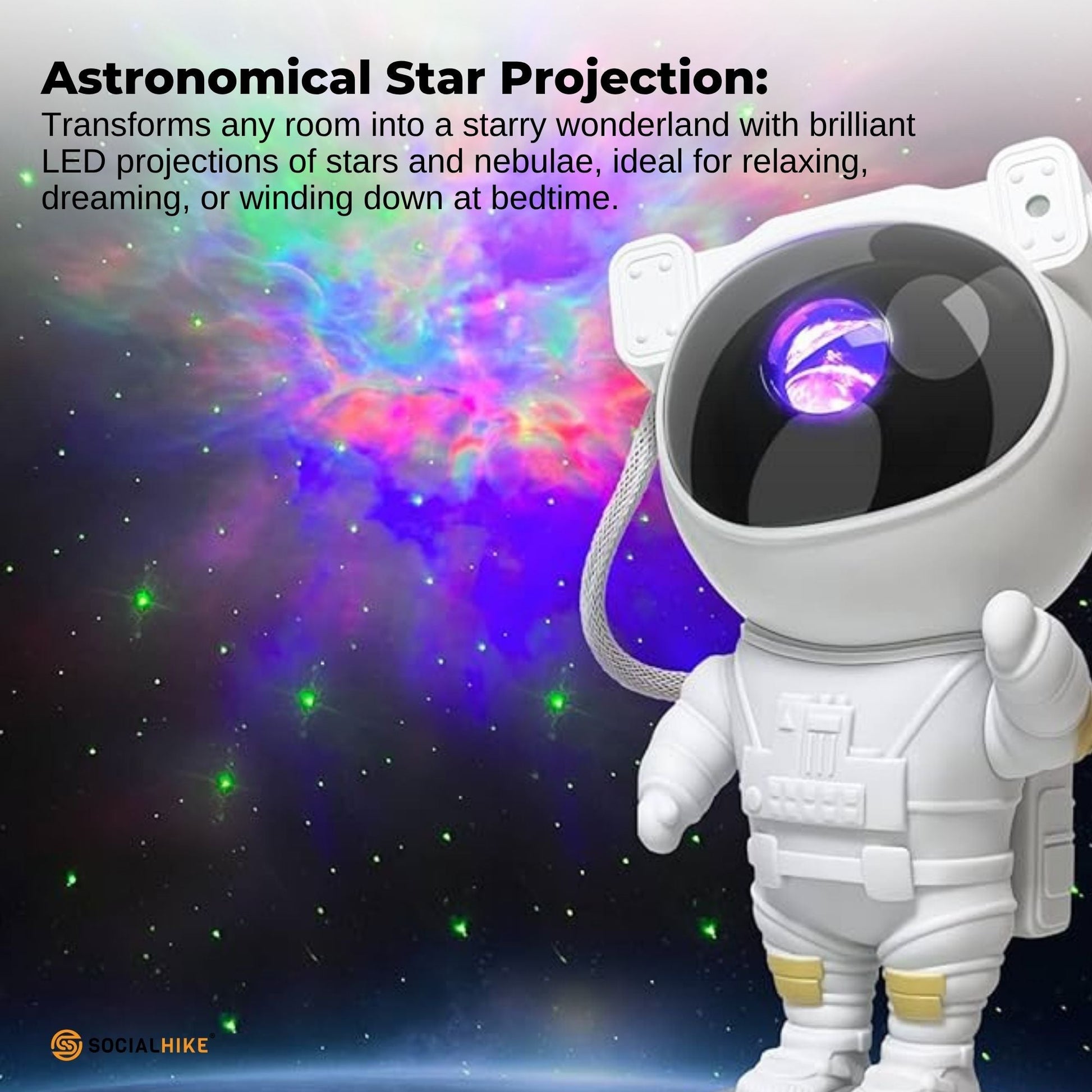 Social Hike Galaxy Star Projector - Colour LED Astronaut Night Light and Remote - Image 4