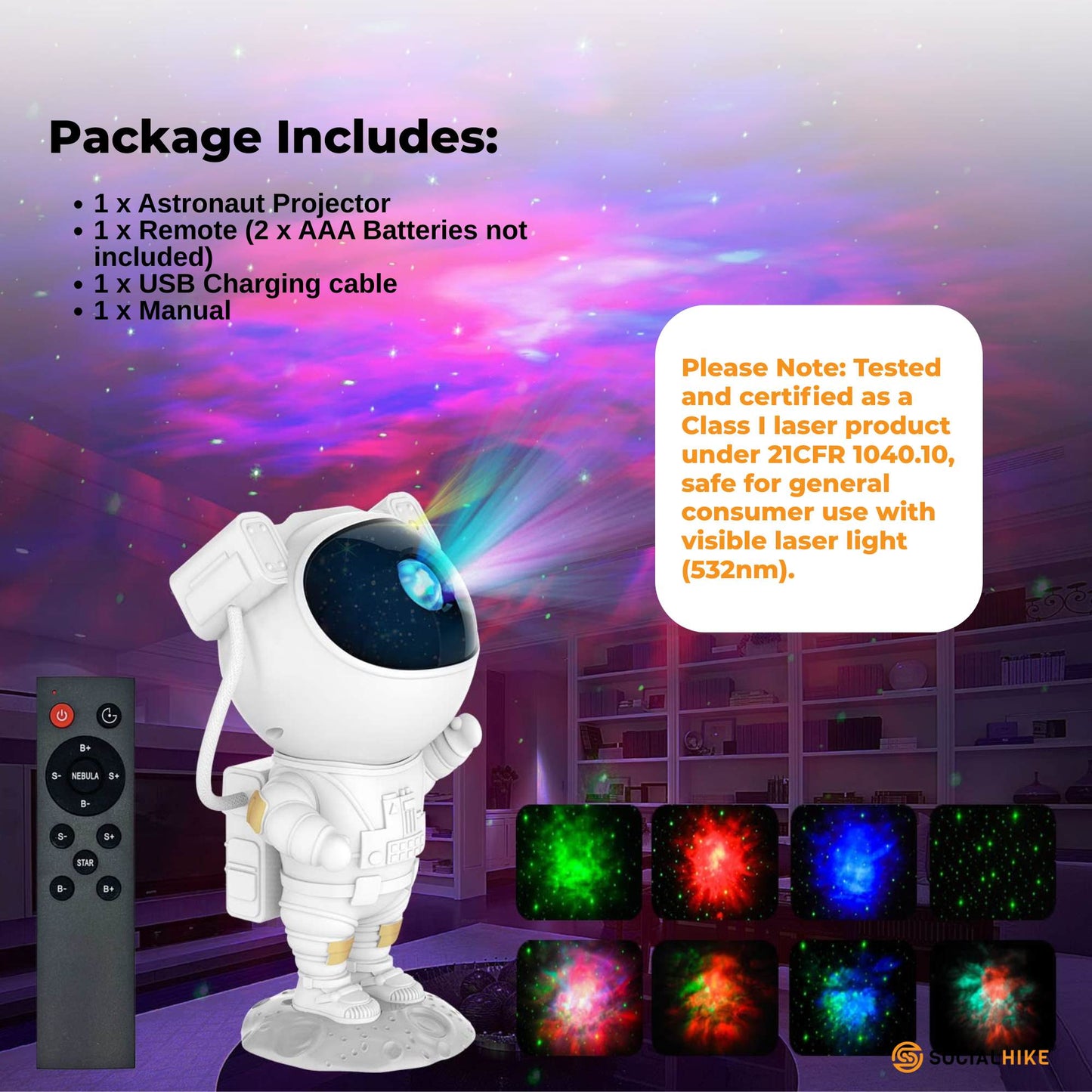 Social Hike Galaxy Star Projector - Colour LED Astronaut Night Light and Remote - Image 8