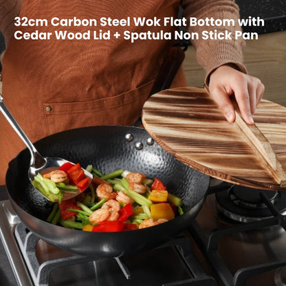 Kitchee 32cm Carbon Steel Wok Set Flat Bottom with Wood Lid + Spatula - Induction Ready - Image 2