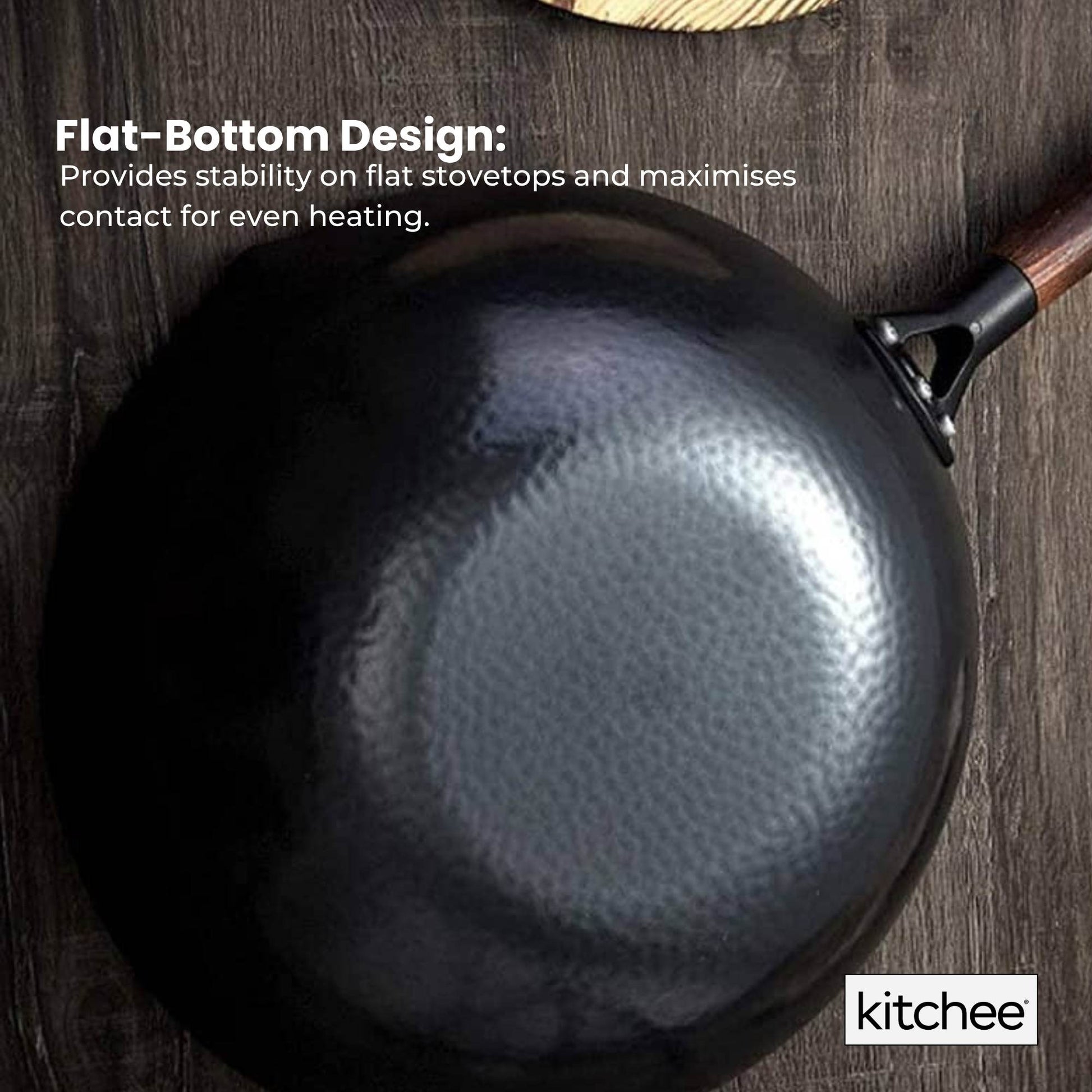 Kitchee 32cm Carbon Steel Wok Set Flat Bottom with Wood Lid + Spatula - Induction Ready - Image 3