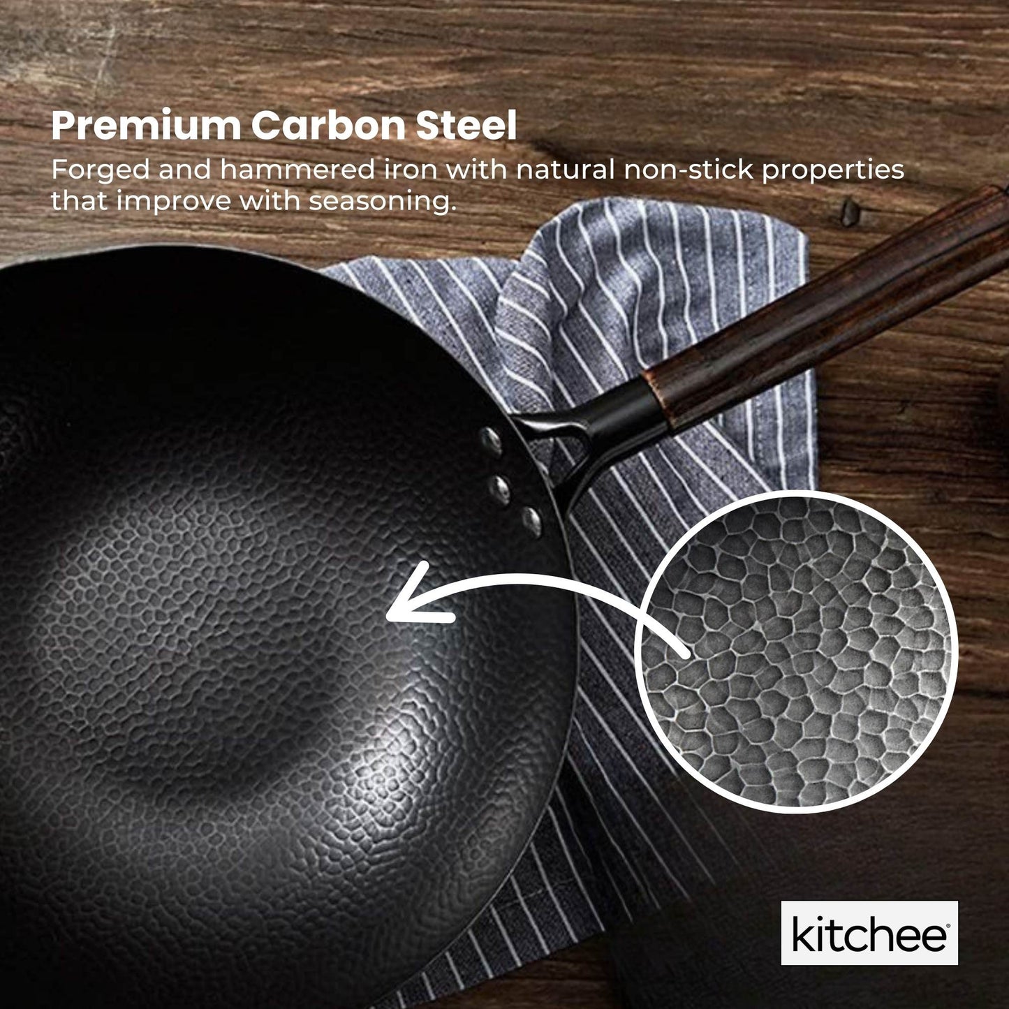 Kitchee 32cm Carbon Steel Wok Set Flat Bottom with Wood Lid + Spatula - Induction Ready - Image 4
