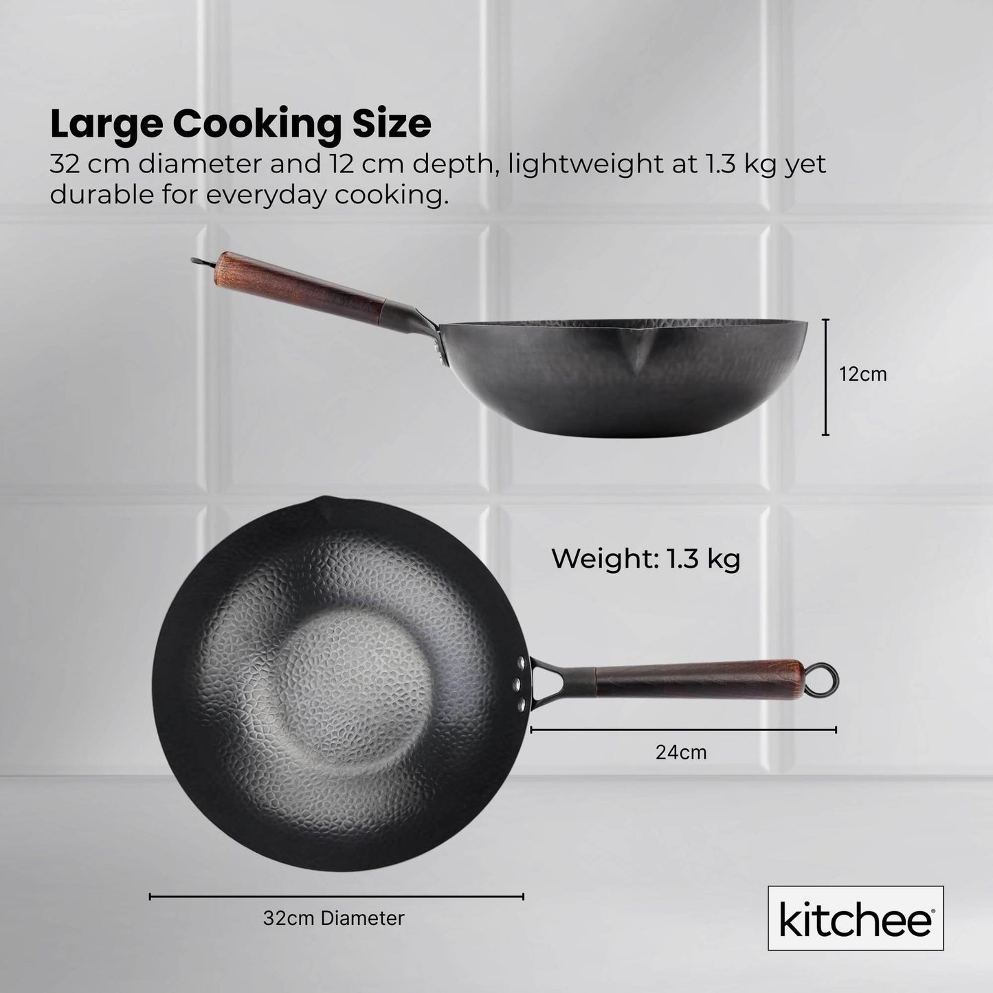 Kitchee 32cm Carbon Steel Wok Set Flat Bottom with Wood Lid + Spatula - Induction Ready - Image 5