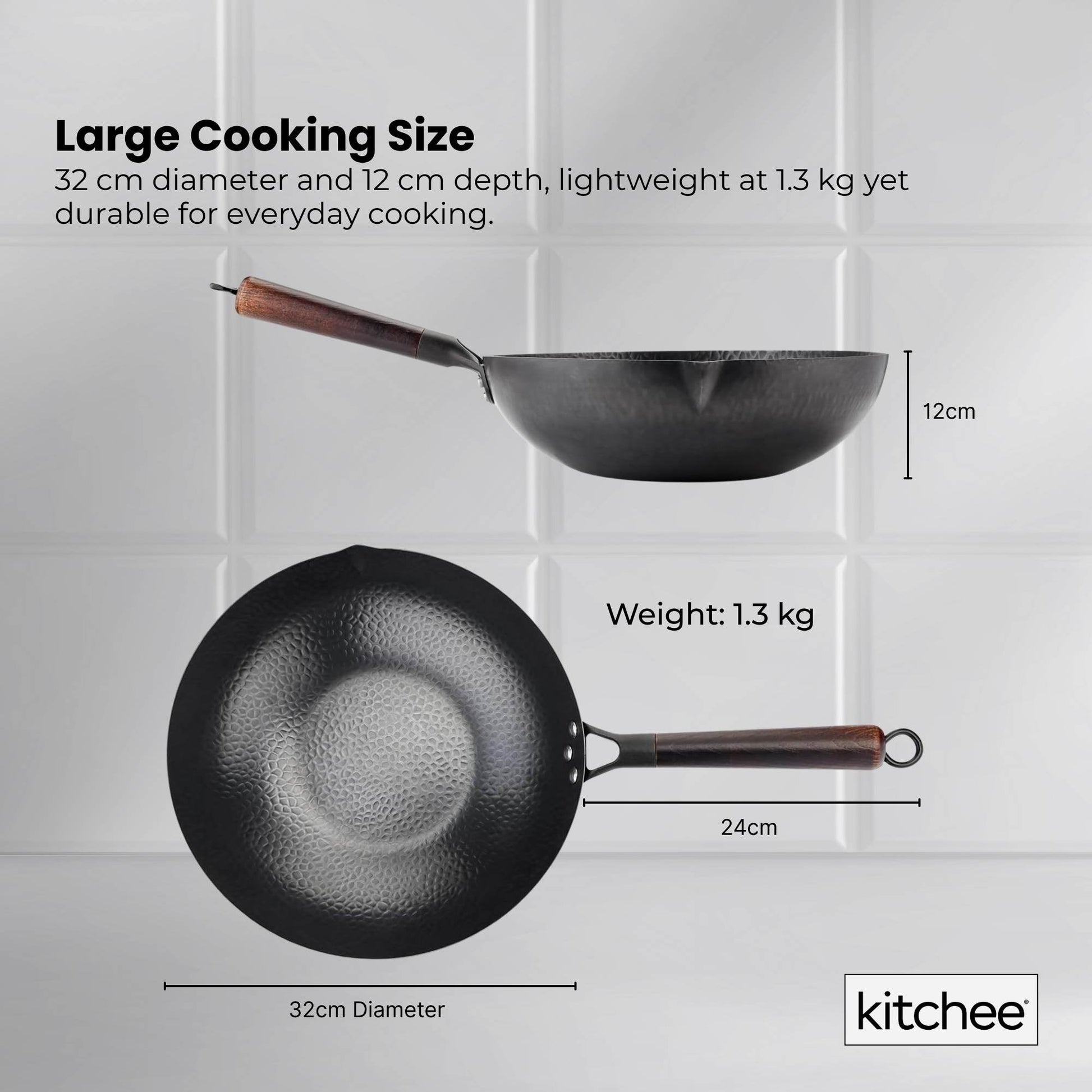 Kitchee 32cm Carbon Steel Wok Set Flat Bottom with Wood Lid + Spatula - Induction Ready - Image 5