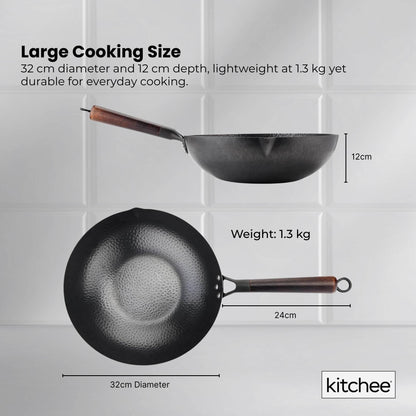 Kitchee 32cm Carbon Steel Wok Set Flat Bottom with Wood Lid + Spatula - Induction Ready - Image 5
