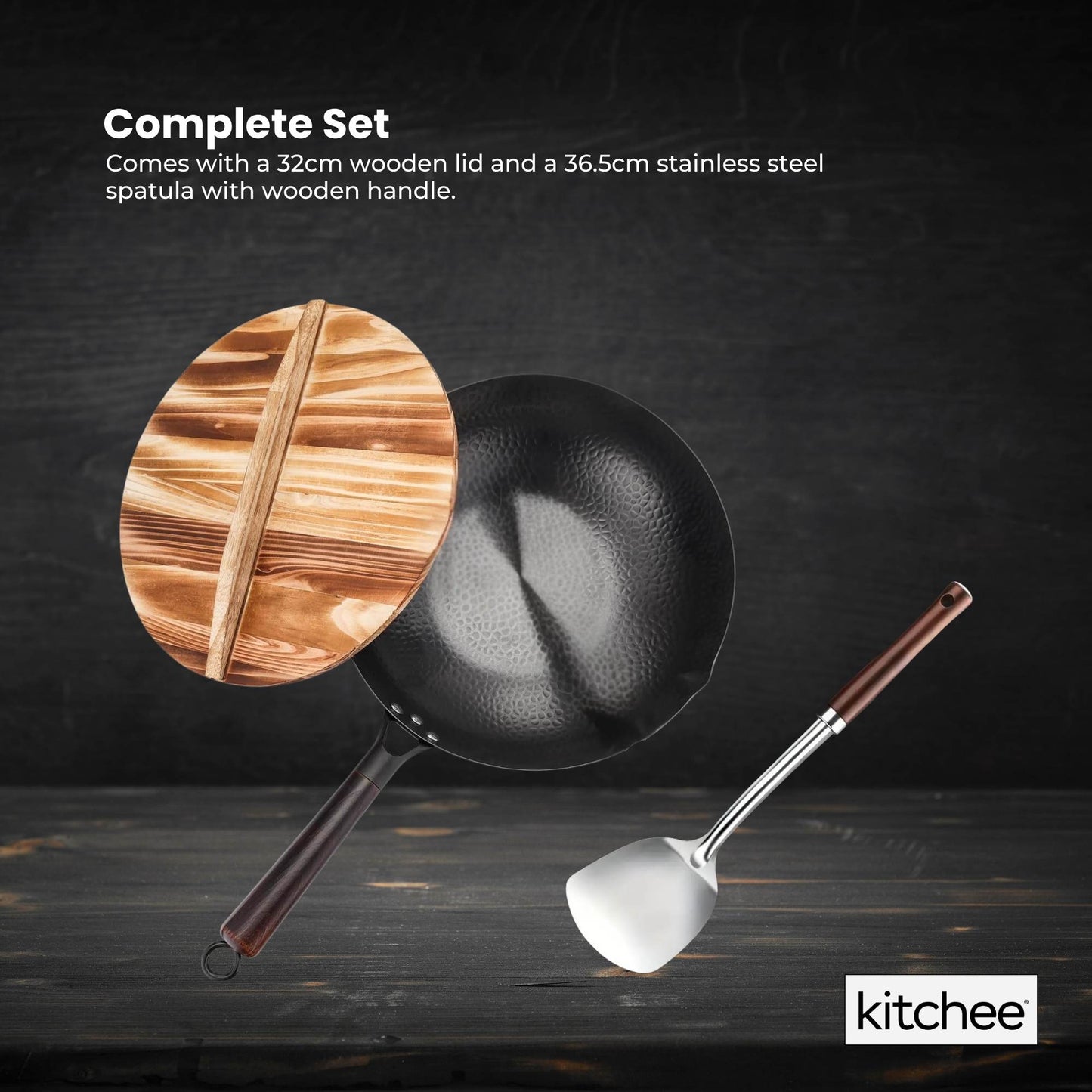 Kitchee 32cm Carbon Steel Wok Set Flat Bottom with Wood Lid + Spatula - Induction Ready - Image 7