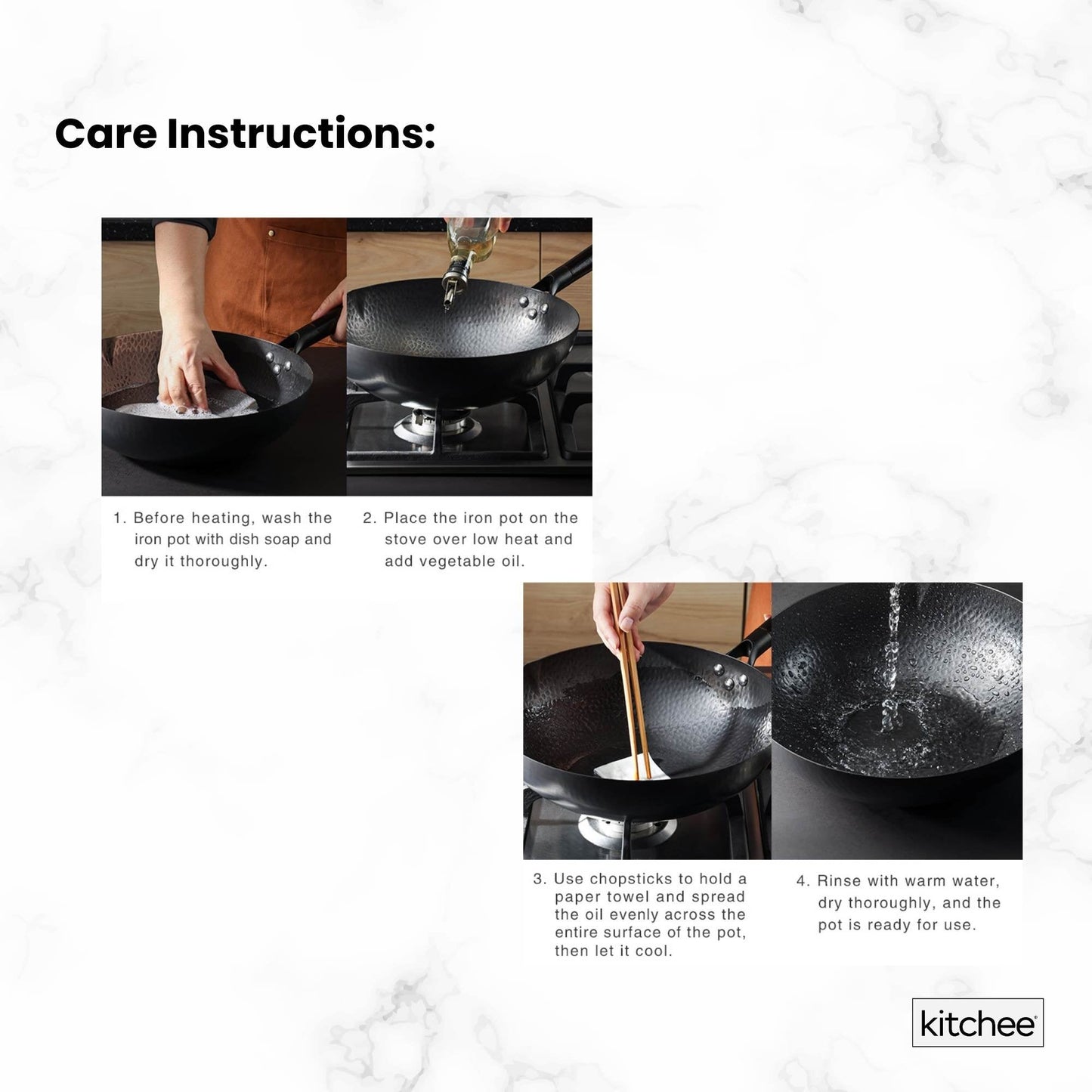 Kitchee 32cm Carbon Steel Wok Set Flat Bottom with Wood Lid + Spatula - Induction Ready - Image 8