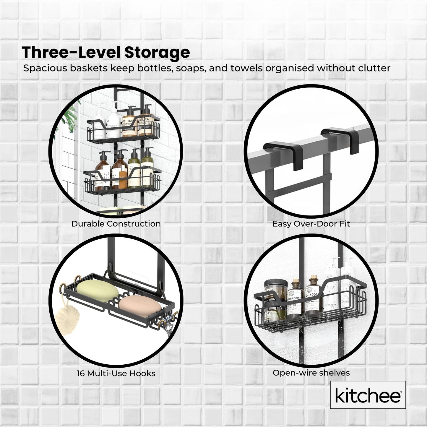 Kitchee 3 Tier Shower Caddy Over Door Bathroom Hanging Shelf Storage Rack Black - Image 3