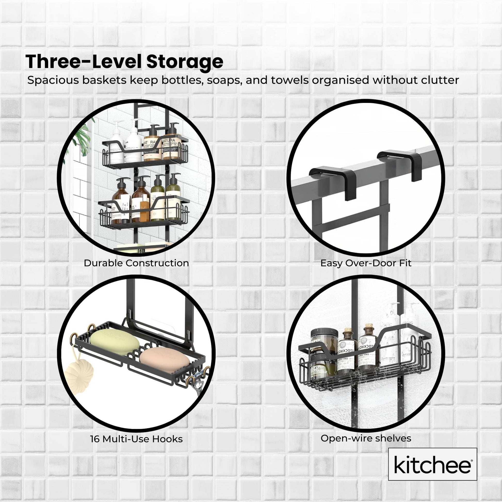 Kitchee 3 Tier Shower Caddy Over Door Bathroom Hanging Shelf Storage Rack Black - Image 3
