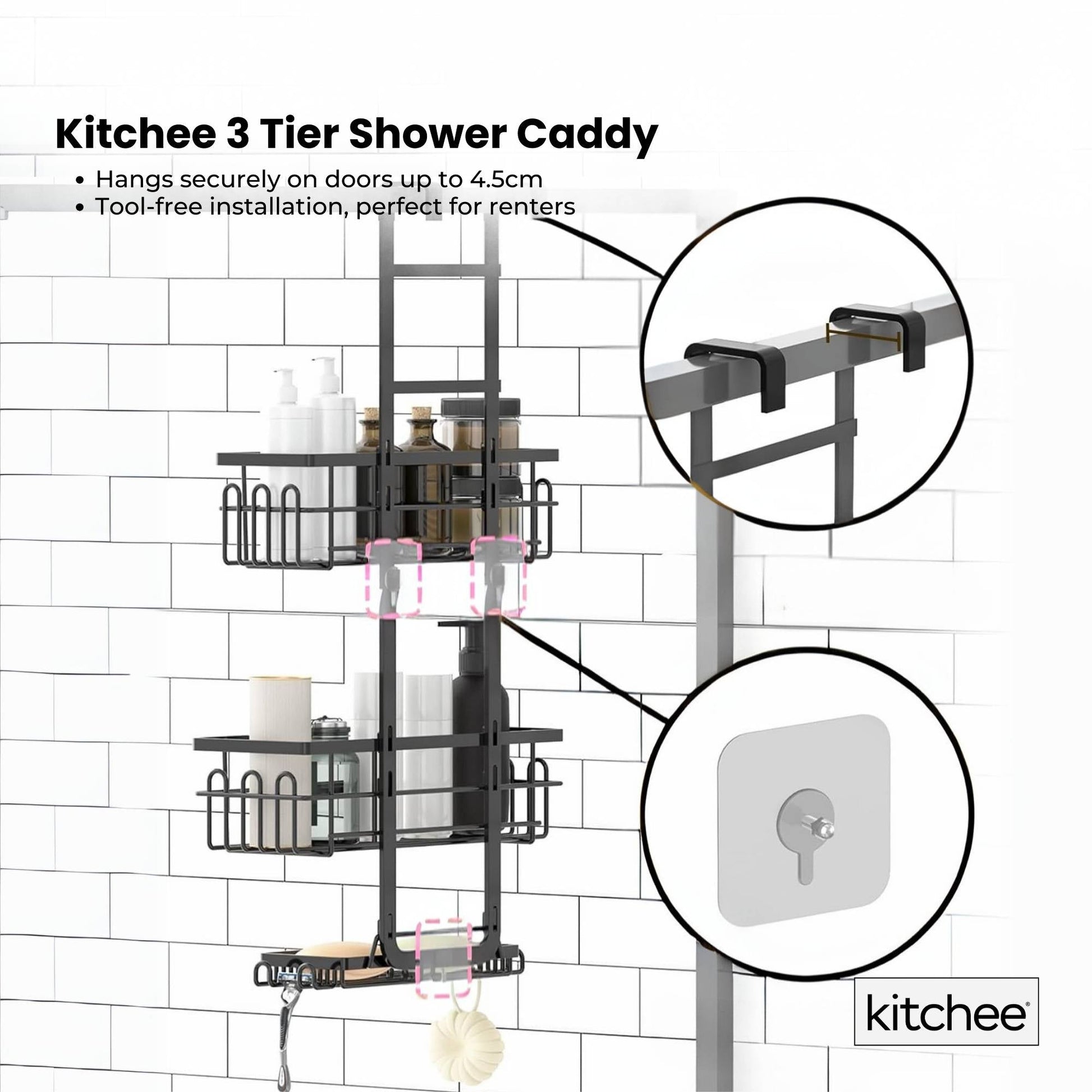 Kitchee 3 Tier Shower Caddy Over Door Bathroom Hanging Shelf Storage Rack Black - Image 4