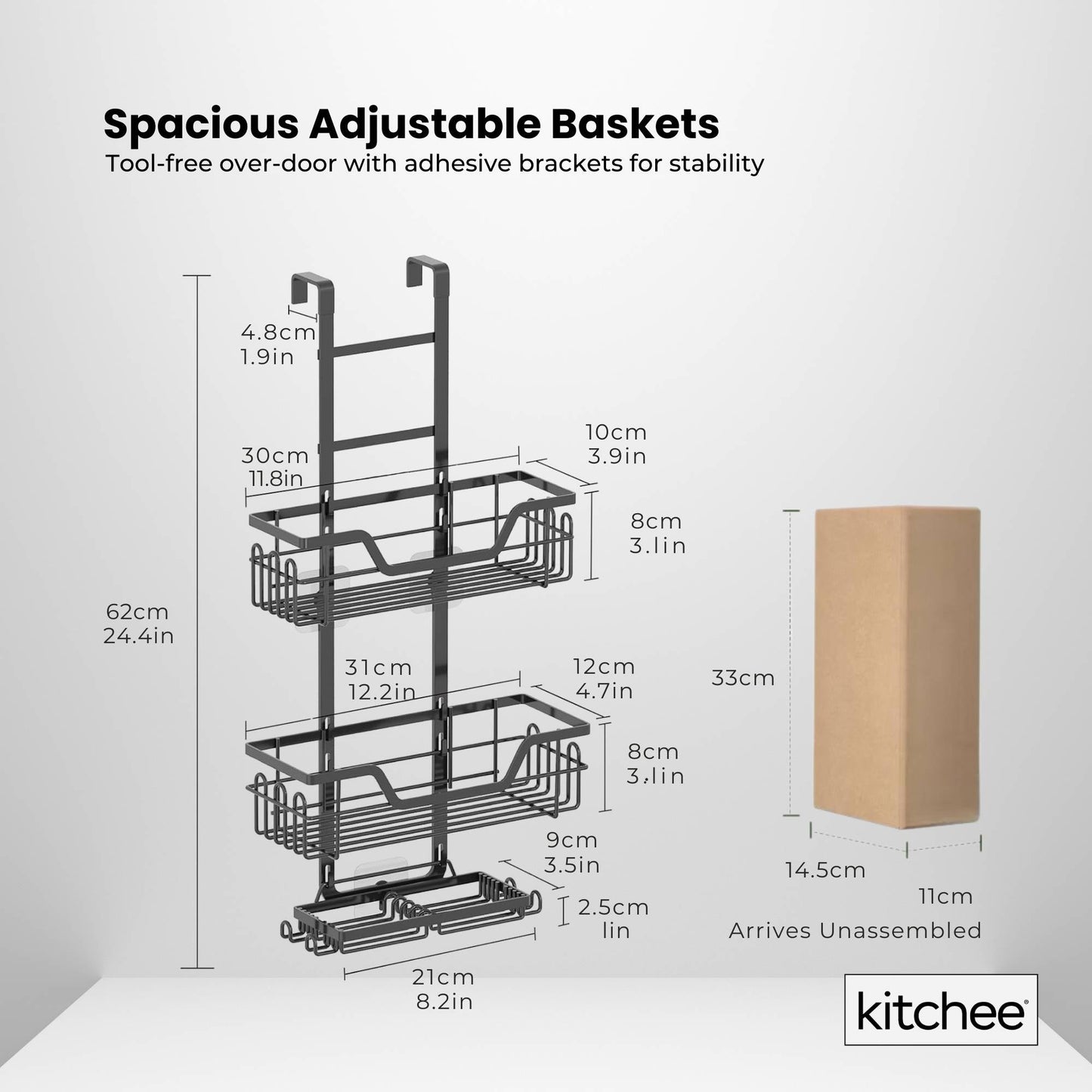 Kitchee 3 Tier Shower Caddy Over Door Bathroom Hanging Shelf Storage Rack Black - Image 5