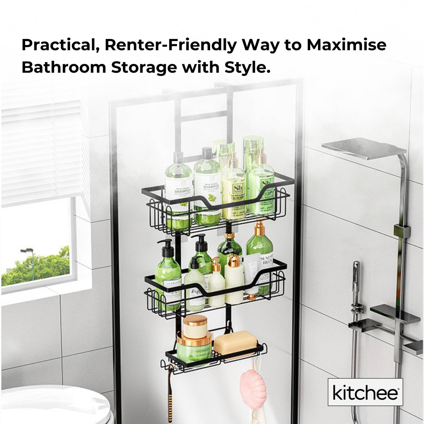 Kitchee 3 Tier Shower Caddy Over Door Bathroom Hanging Shelf Storage Rack Black - Image 6