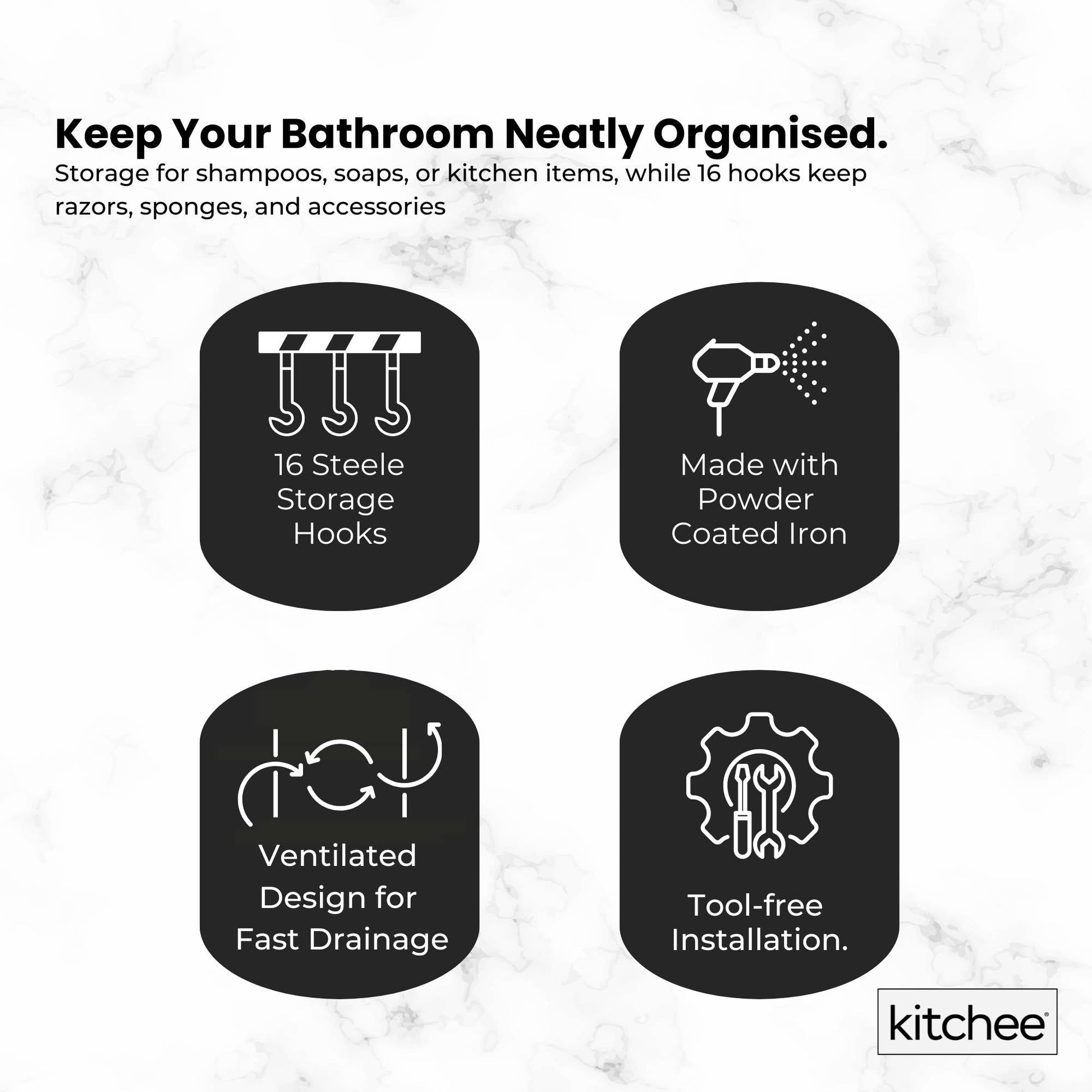 Kitchee 3 Tier Shower Caddy Over Door Bathroom Hanging Shelf Storage Rack Black - Image 7