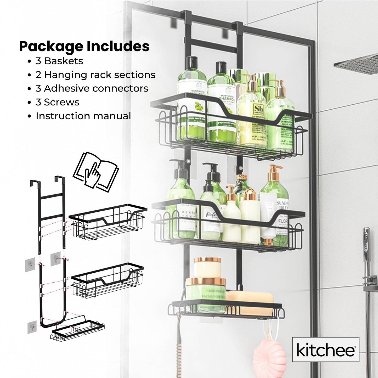 Kitchee 3 Tier Shower Caddy Over Door Bathroom Hanging Shelf Storage Rack Black - Image 8