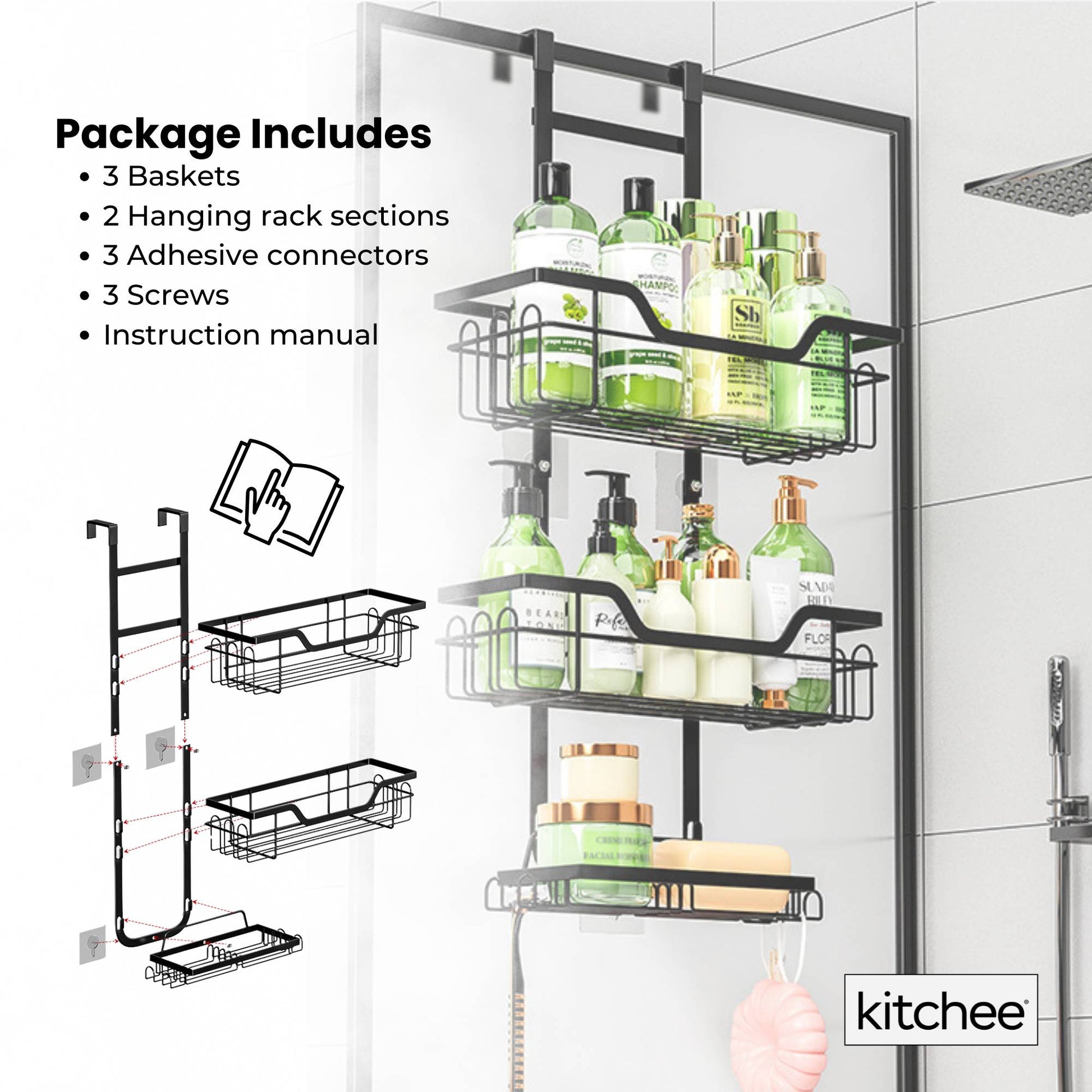 Kitchee 3 Tier Shower Caddy Over Door Bathroom Hanging Shelf Storage Rack Black - Image 8