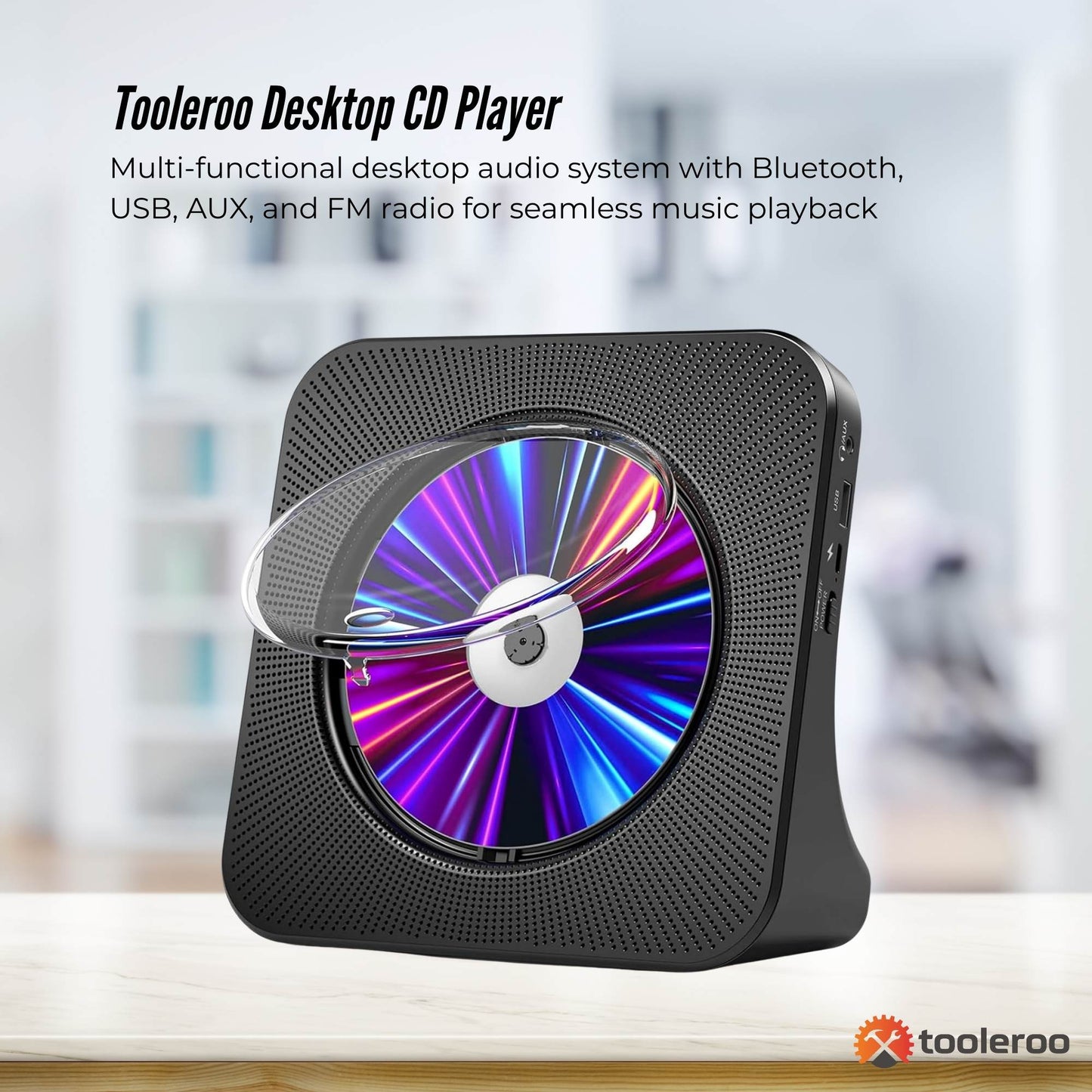 Tooleroo USB Rechargeable Desktop CD Player Speaker – Bluetooth Portable Black - Image 2