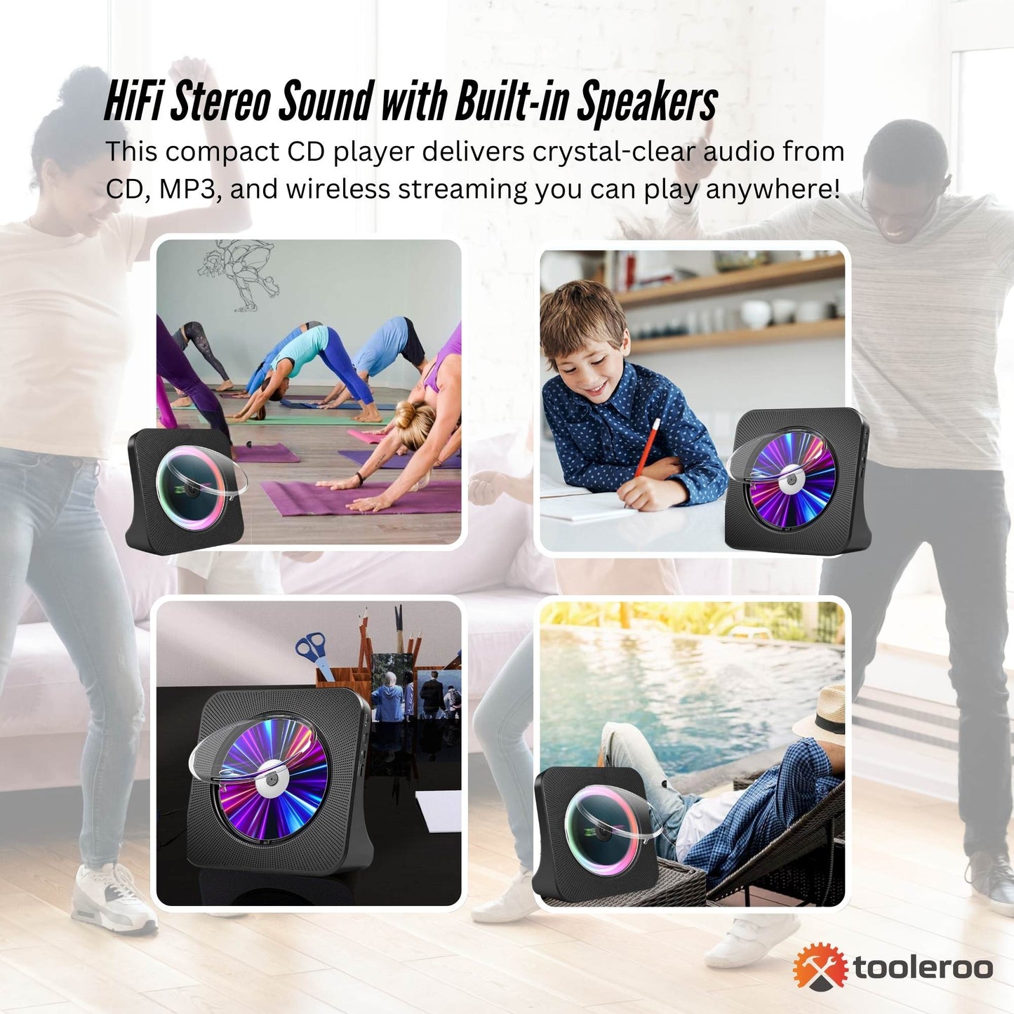 Tooleroo USB Rechargeable Desktop CD Player Speaker – Bluetooth Portable Black - Image 3
