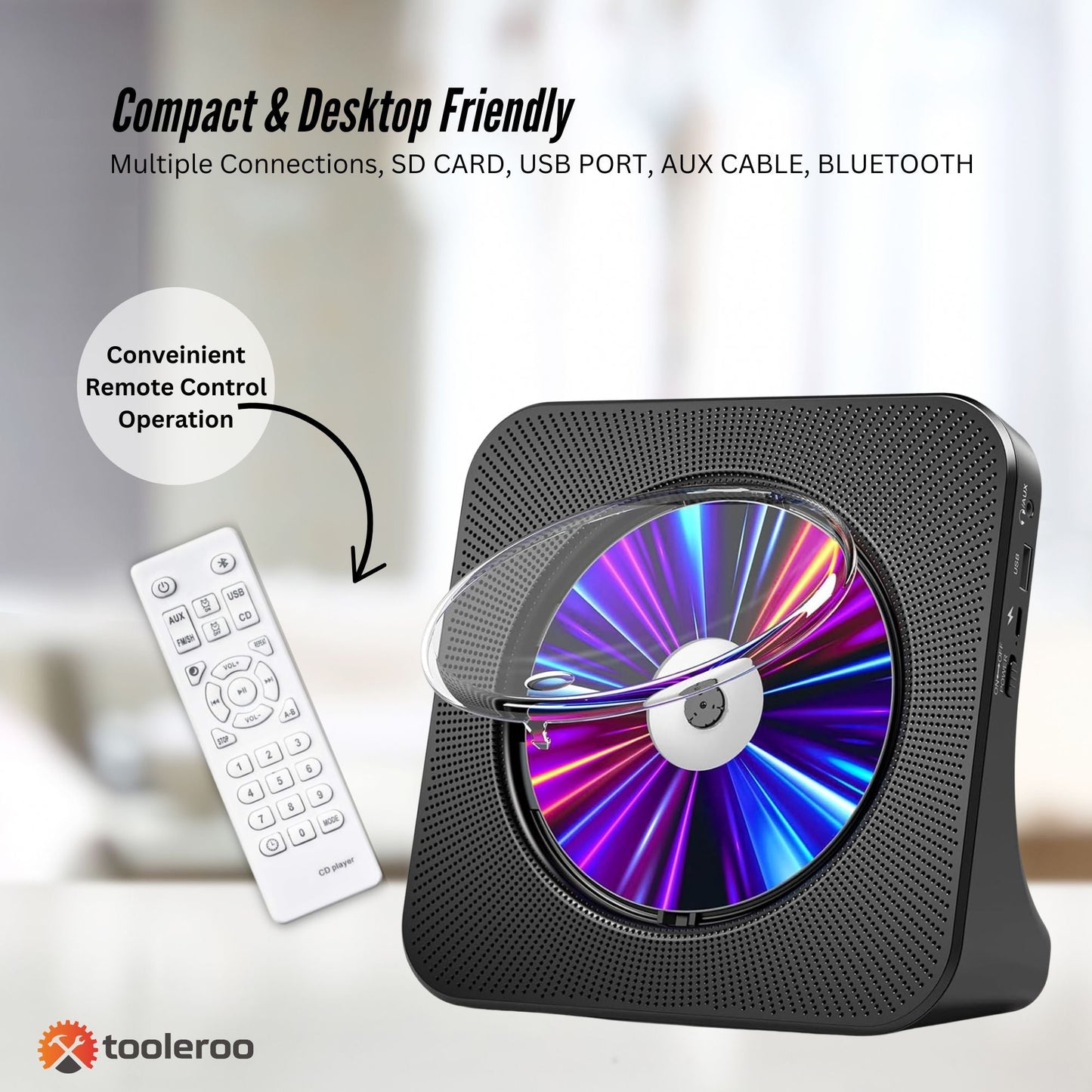 Tooleroo USB Rechargeable Desktop CD Player Speaker – Bluetooth Portable Black - Image 5
