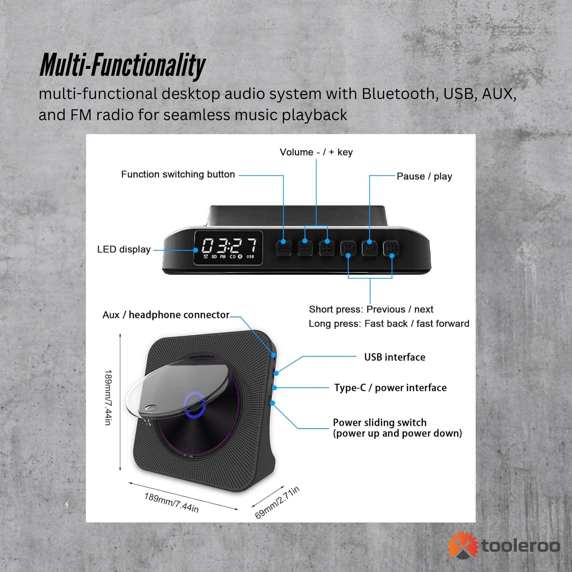 Tooleroo USB Rechargeable Desktop CD Player Speaker – Bluetooth Portable Black - Image 7