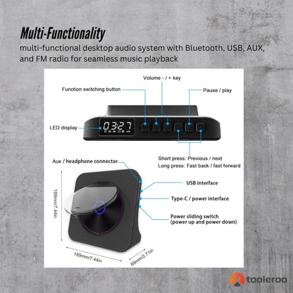 Tooleroo USB Rechargeable Desktop CD Player Speaker – Bluetooth Portable Black - Image 7