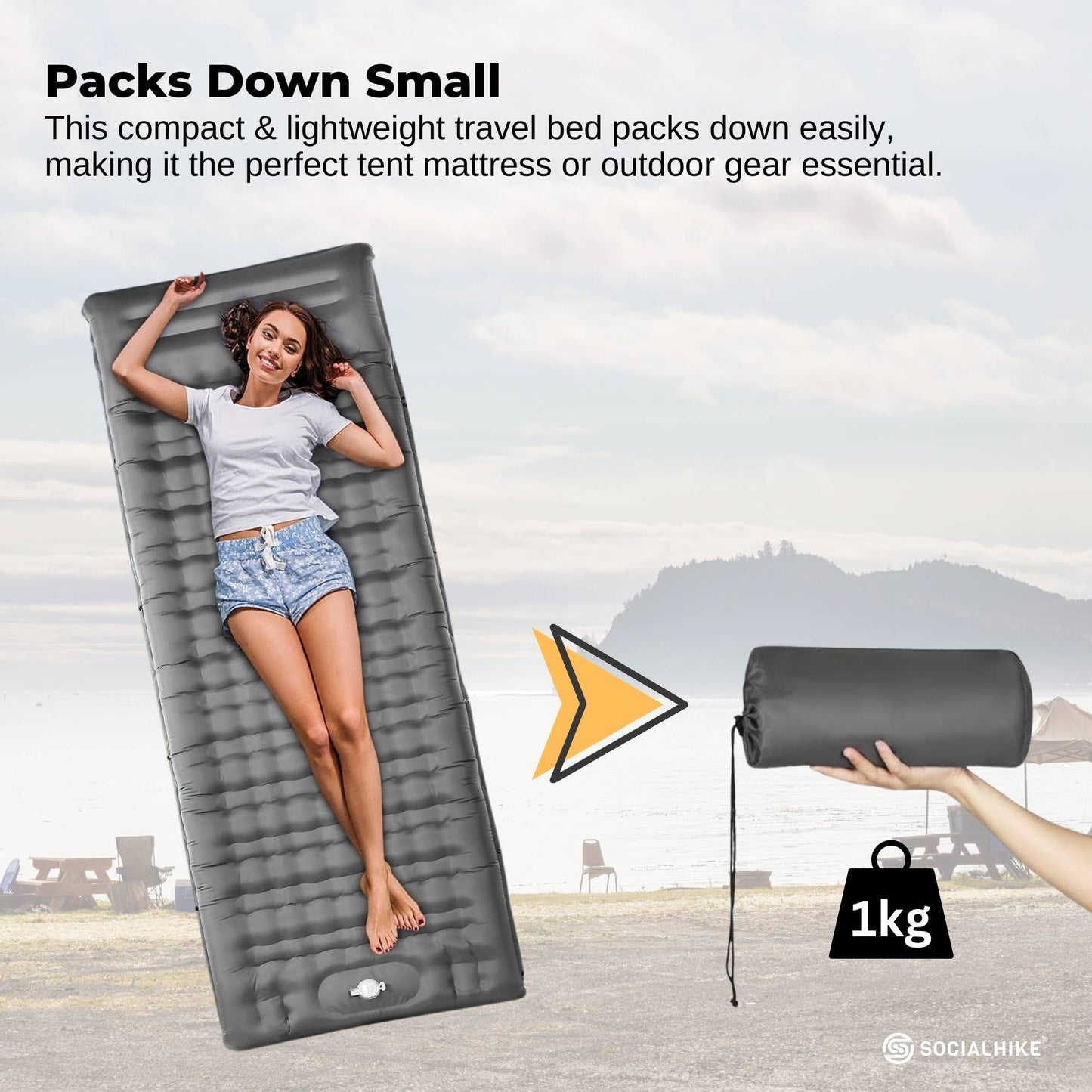 Social Hike Step-Inflating Camping Mattress Lightweight Waterproof Sleeping Grey - Image 4