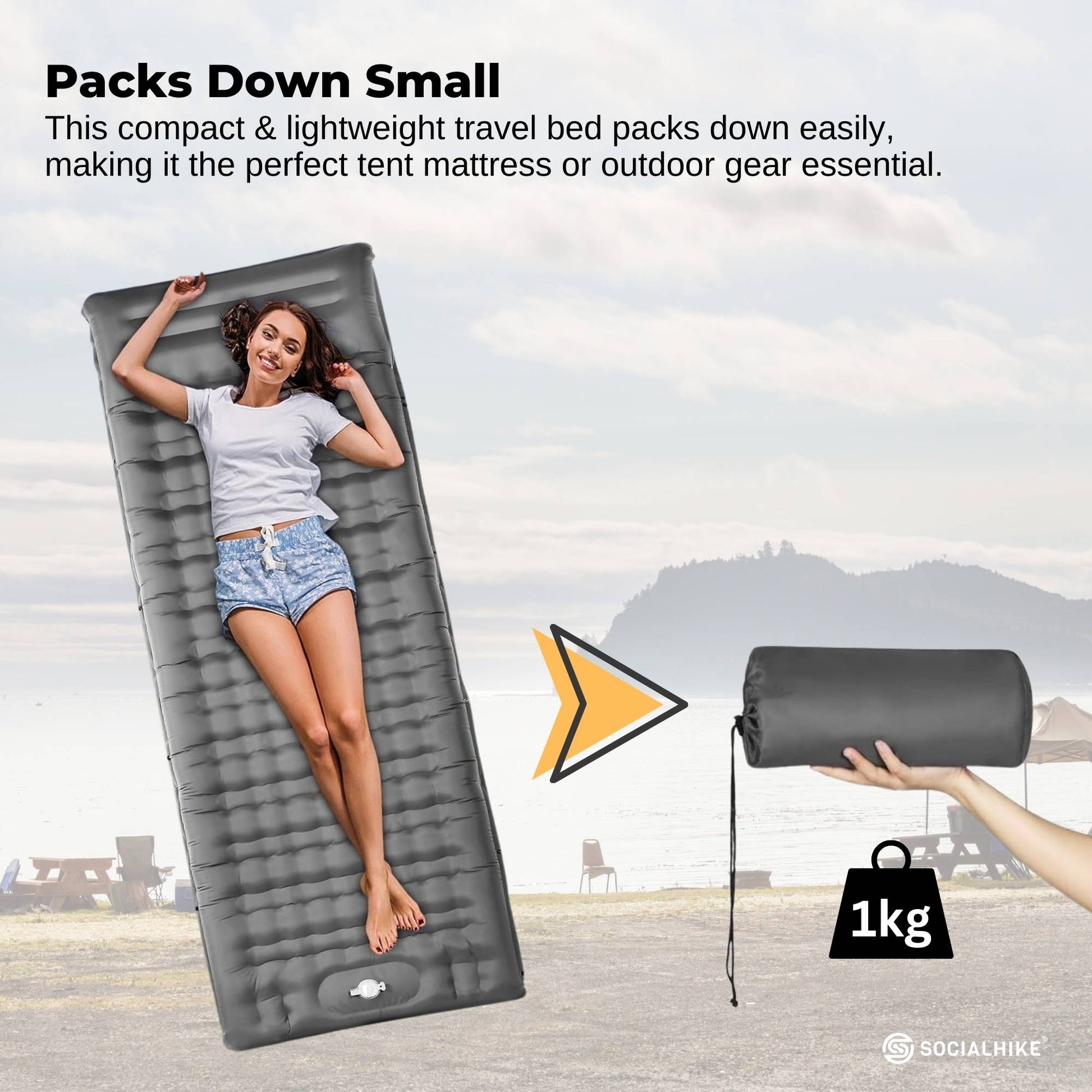 Social Hike Step-Inflating Camping Mattress Lightweight Waterproof Sleeping Grey - Image 4