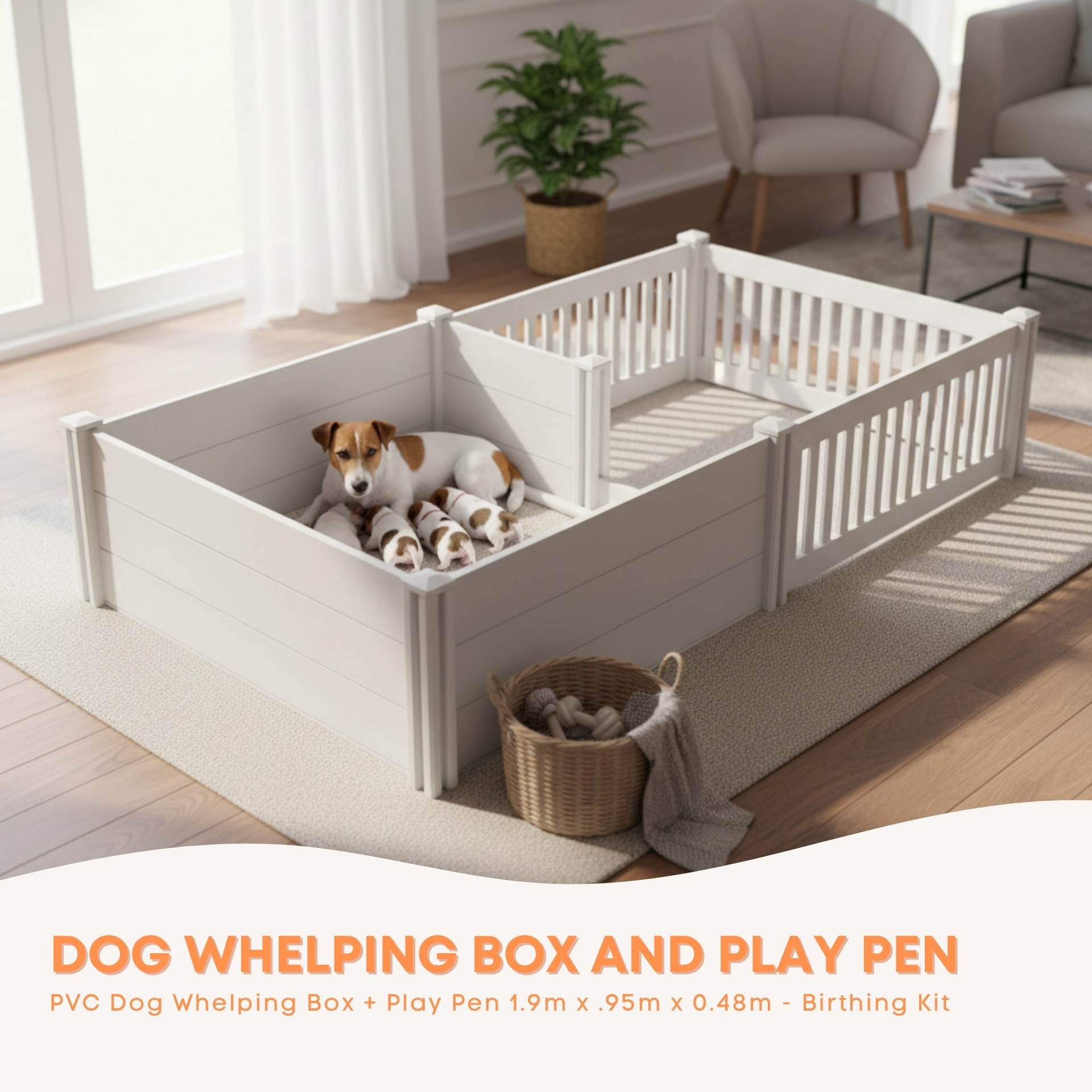 Rooster Farms PVC Dog Whelping Box + Play Pen 1.9m x .95m x 0.48m - Birthing Kit - Image 2
