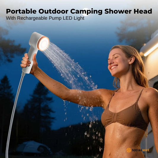 Social Hike Portable Camping Shower Head - Outdoor Rechargeable Pump LED Light - Image 2