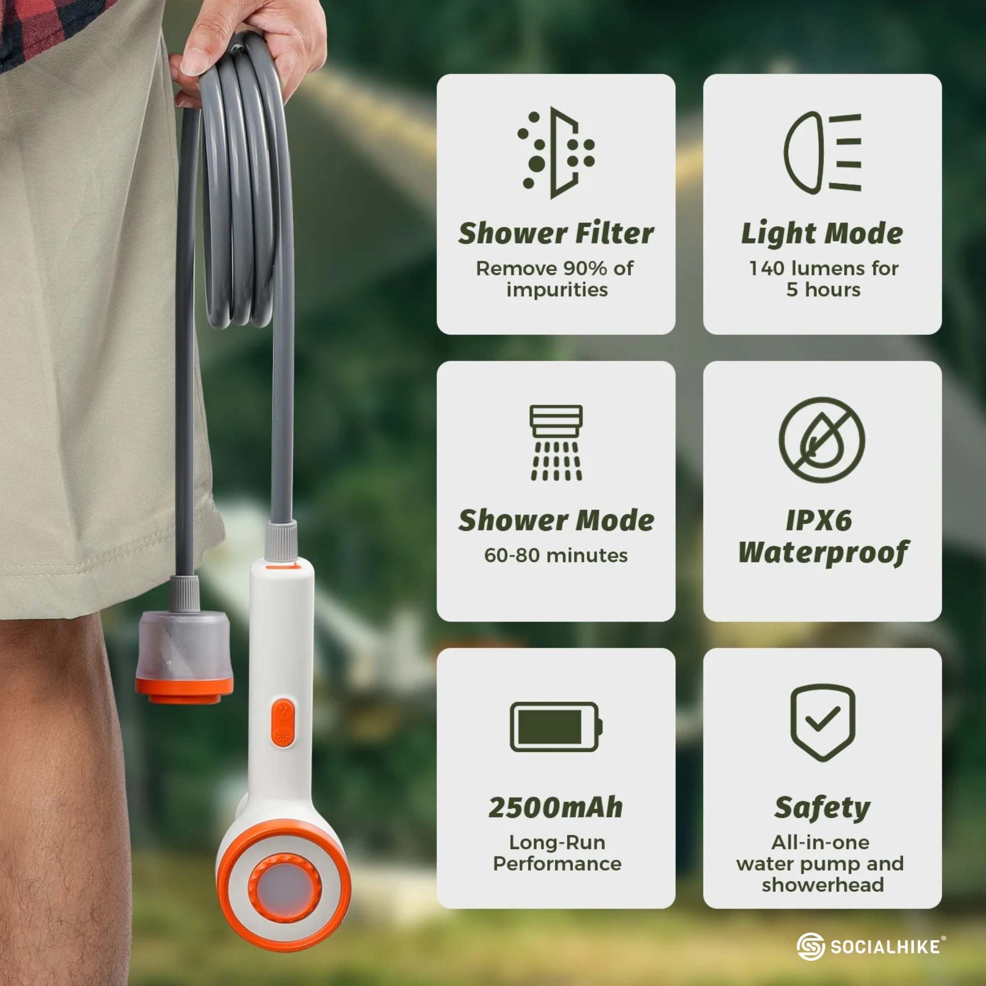 Social Hike Portable Camping Shower Head - Outdoor Rechargeable Pump LED Light - Image 8